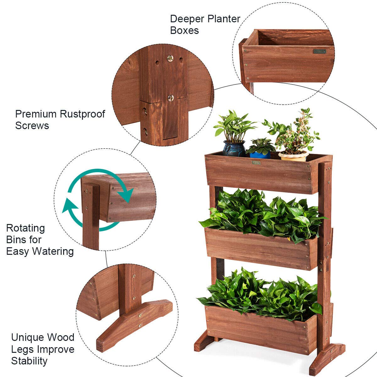 Giantex 3-Tier Raised Garden Bed - Vertical Freestanding Wooden Flower Stand with Detachable Ladder & Adjustable Shelves - Indoor/Outdoor Plant Organizer for Patio, Balcony, Backyard (Nut Brown)