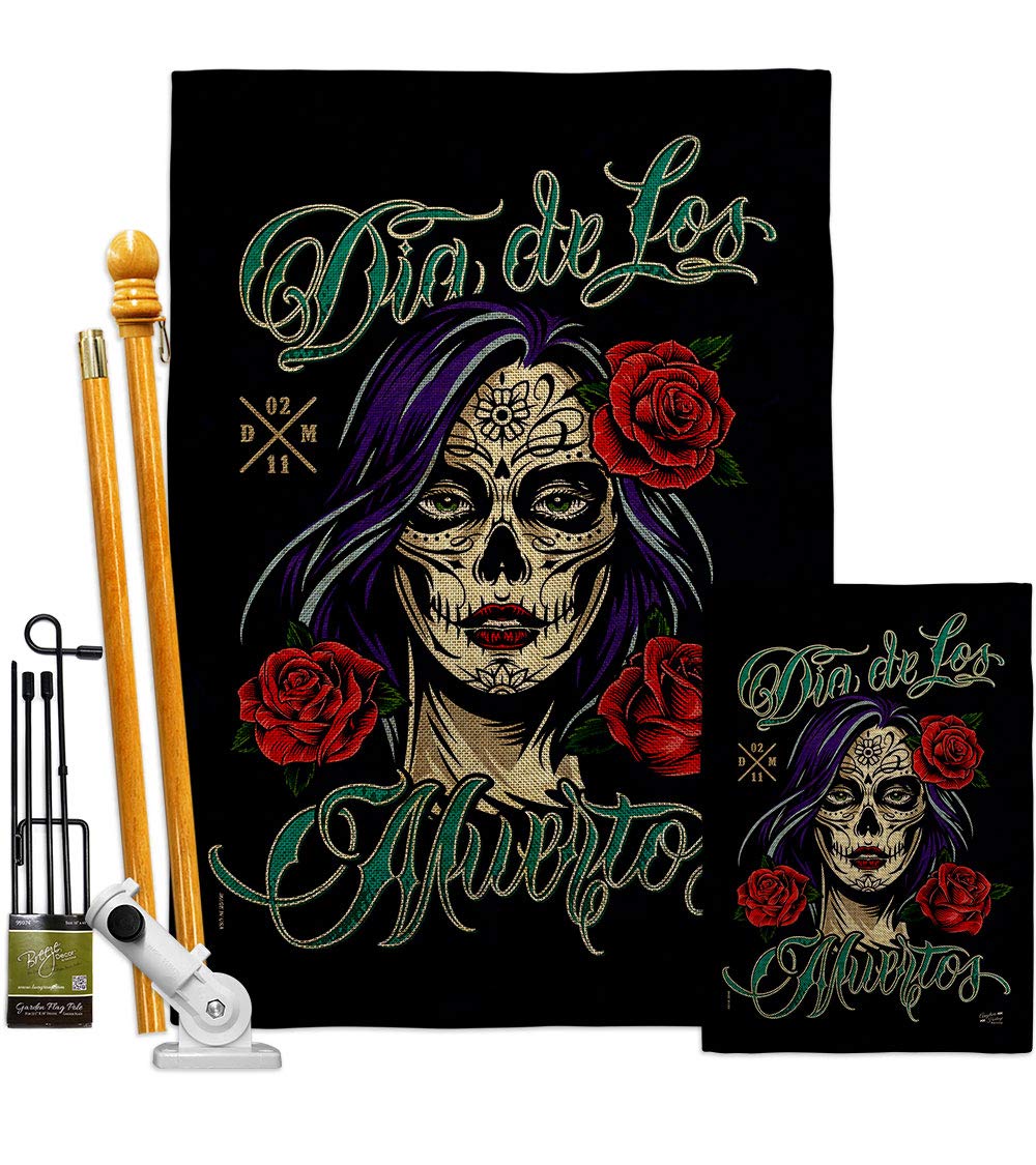La Catrina Rose Burlap Garden House Flag Kit - Double-Sided Fall Day of the Dead Decor | Dia De Los Muertos Fiesta Mexican Party Banner | Autumn Yard Decoration | Made in USA | Perfect for Halloween, Thanksgiving & Outdoor Seasonal Displays