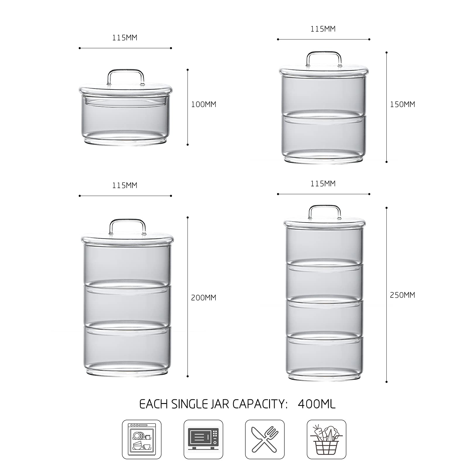 Glass Storage Jars with Airtight Lids - Multi-Tier Stackable Food Containers for Kitchen Pantry Organization - Hermetic Canning Jars (Set of 2) - Perfect for Storing Dry Goods, Spices & Meal Prep