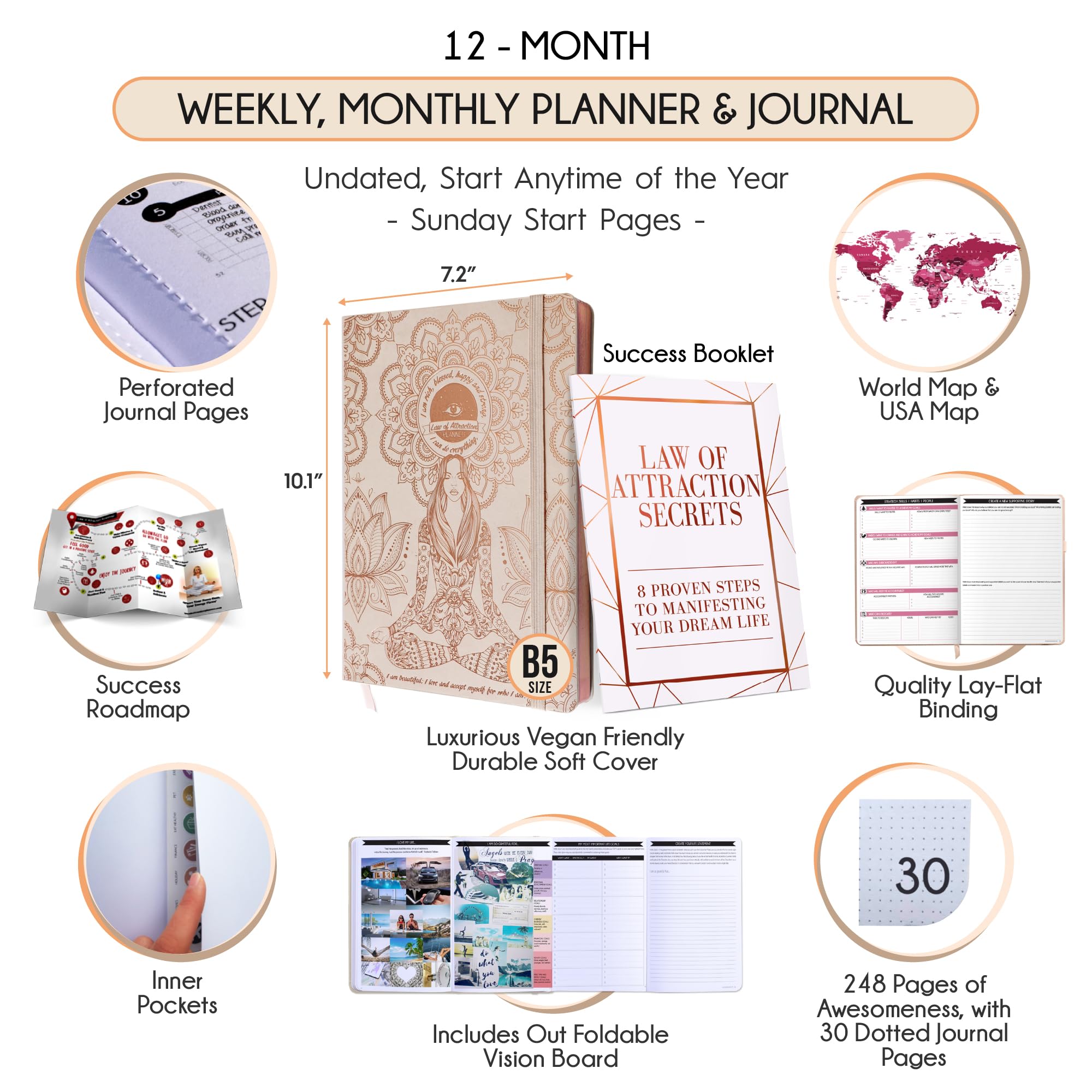2025 Law of Attraction Planner - Undated Hourly, Weekly & Monthly Productivity Planner for Goal Setting | 12-Month Life Organizer with Gratitude Journal, Vision Board, Stickers & Gift Box | Perfect for Manifestation, Self-Improvement & Daily Planning