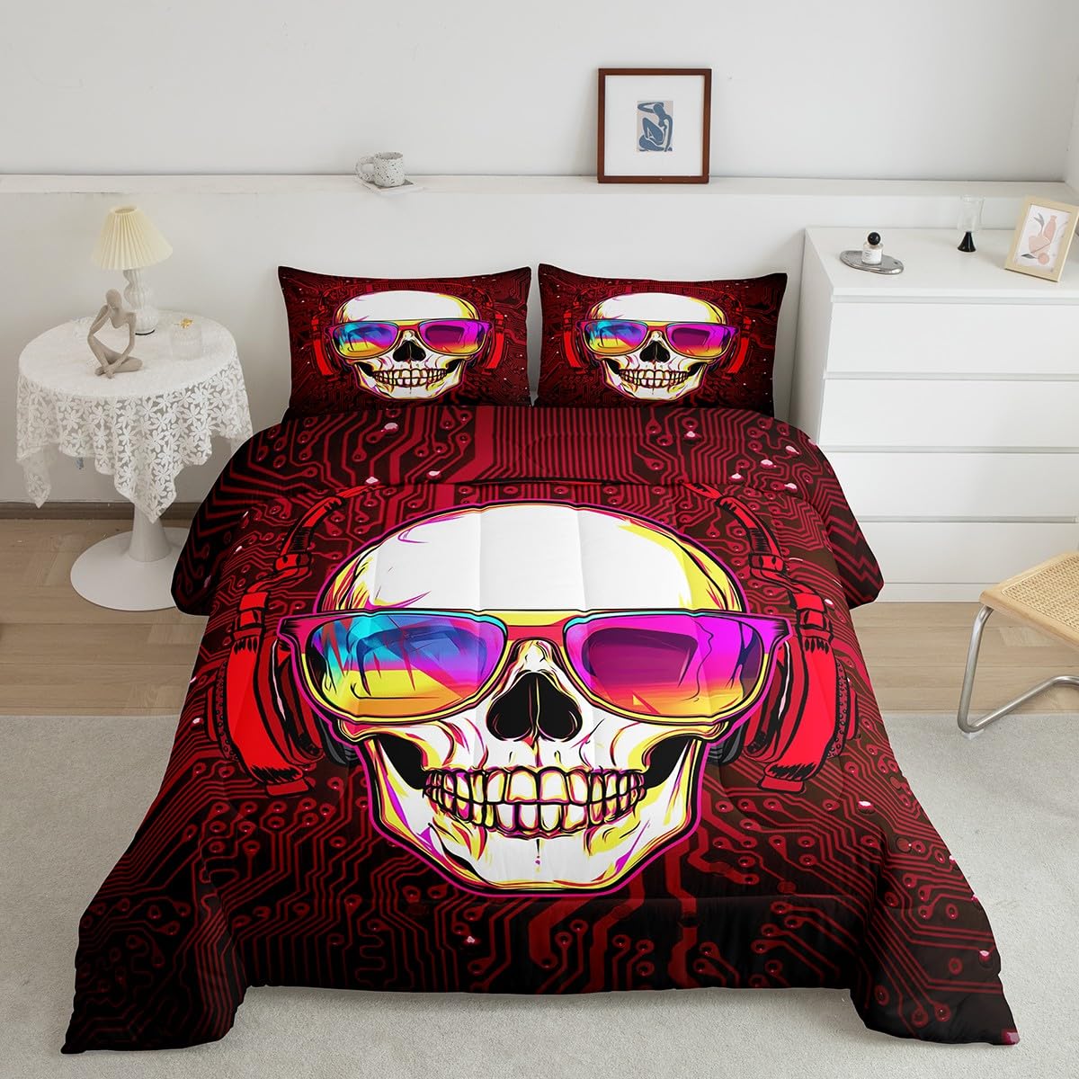 Gothic Sugar Skull Comforter Set with Music Headphones Design - Twin Size Red Gaming Bedding for Teens & Kids Room Decor | Perfect for Halloween, Dorm Rooms & Skull-Themed Bedrooms