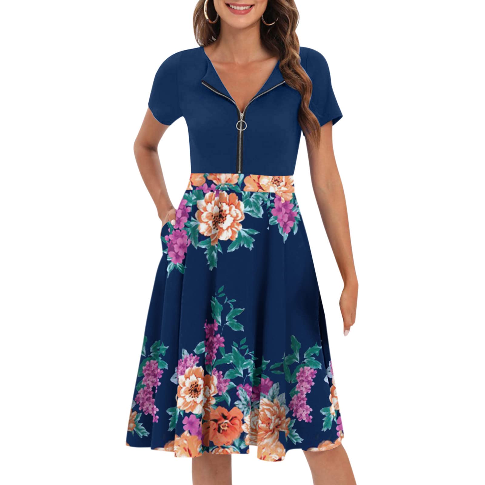 Blue Vintage Floral Print Casual Summer Dress for Women - A-Line Flared Midi Swing Dress with Zipper | Perfect for Beach Parties, Date Nights & Summer Outings