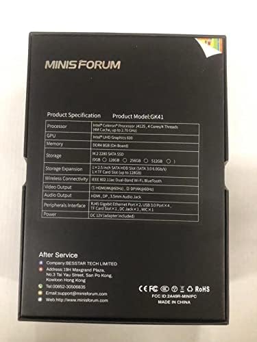 MINISFORUM GK41 Mini PC - Intel Celeron J4125 Quad-Core Processor up to 2.7GHz, 8GB DDR4 RAM, 128GB SSD, UHD Graphics 600, Dual HDMI/DP, 2x Gigabit Ethernet, 4x USB 3.0 - Perfect for Home Office, Digital Signage, and Light Gaming