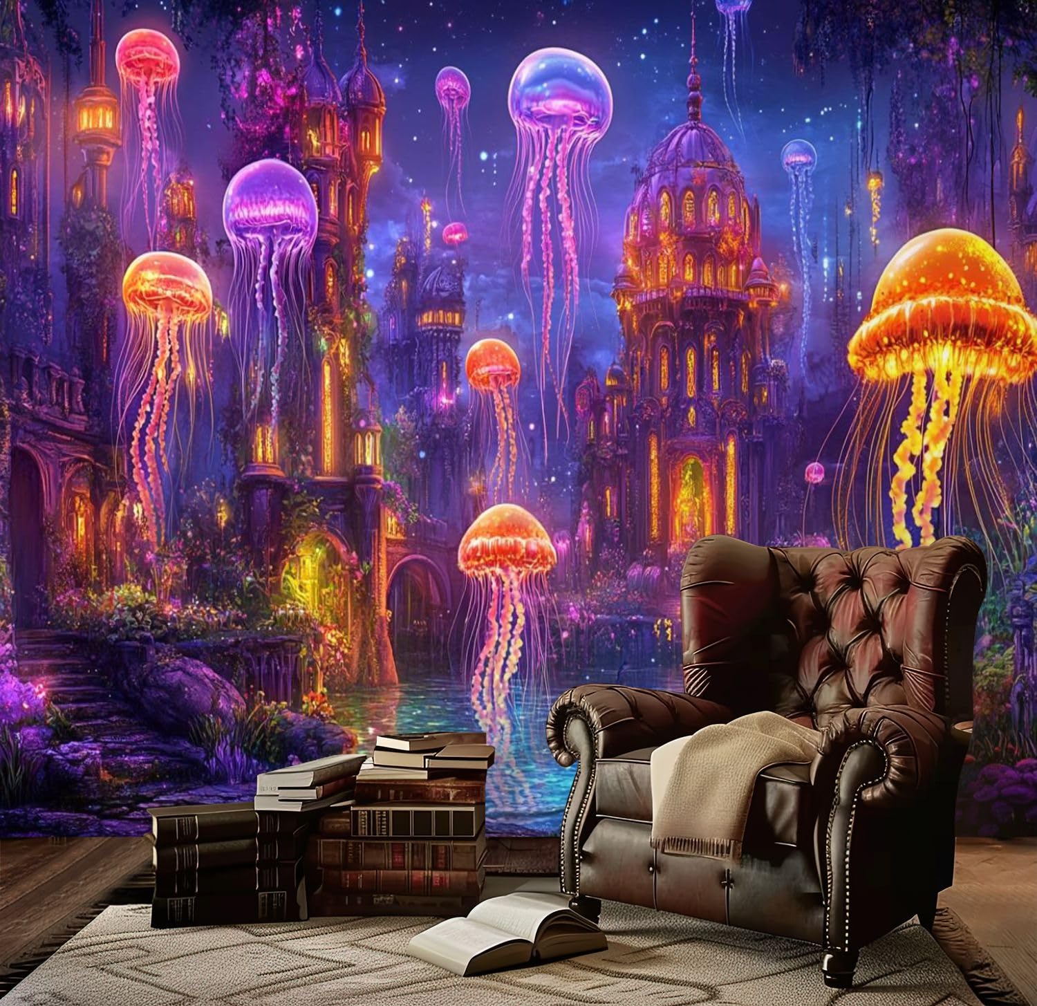 Modern Peel and Stick Wallpaper Mural - Jellyfish Fantasy Glow Lights Self-Adhesive Removable Wall Stickers for Kids Room, Living Room & Bedroom (100''x144'') - Perfect for Birthday & Christmas Gifts, TV Background & Home Decor