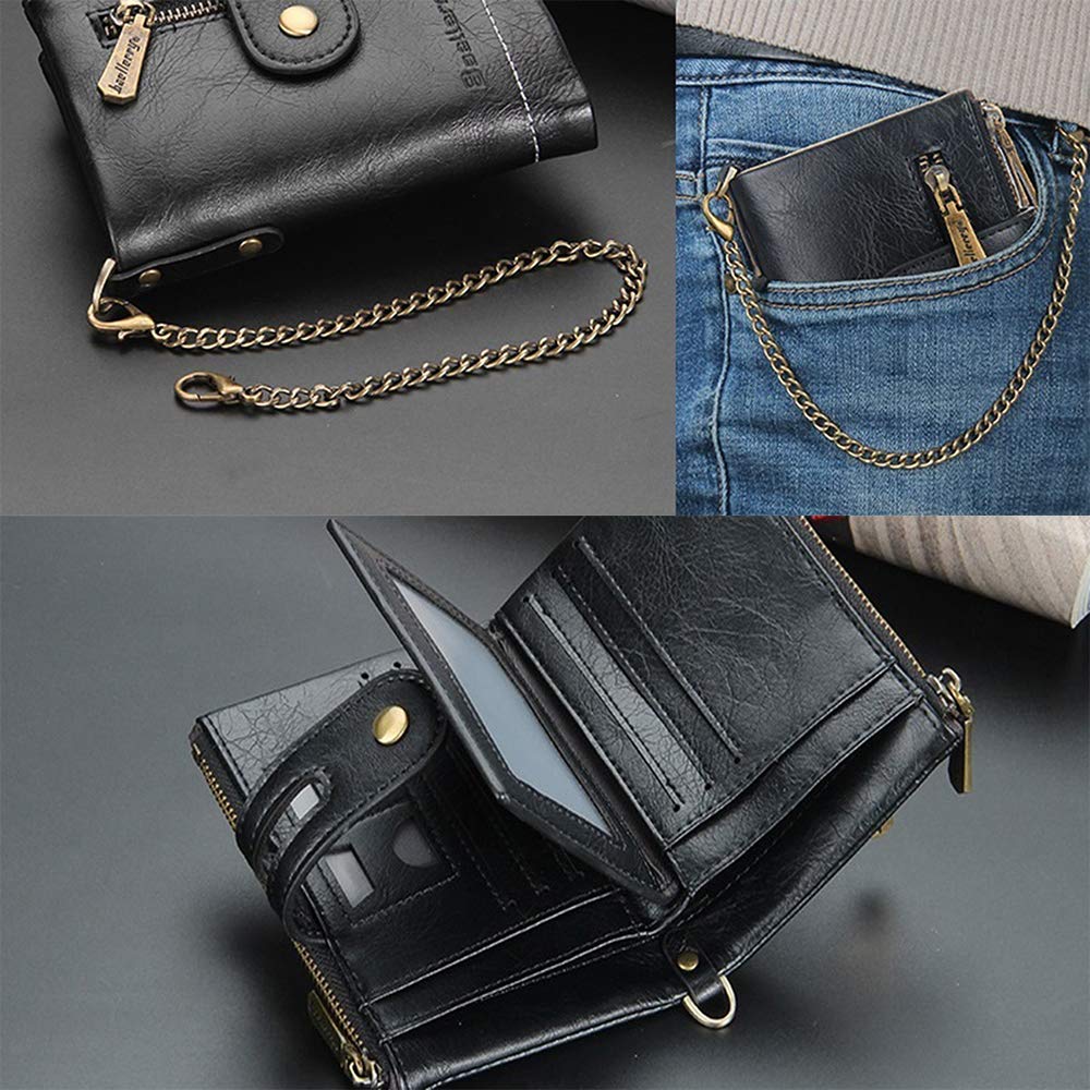 Premium C3 Men's Genuine Leather Wallet with Triple Zipper, ID Window & Credit Card Slots - RFID Blocking, Coin Pocket & Stylish Copper Chain - Perfect for Everyday Carry, Travel & Gift Giving