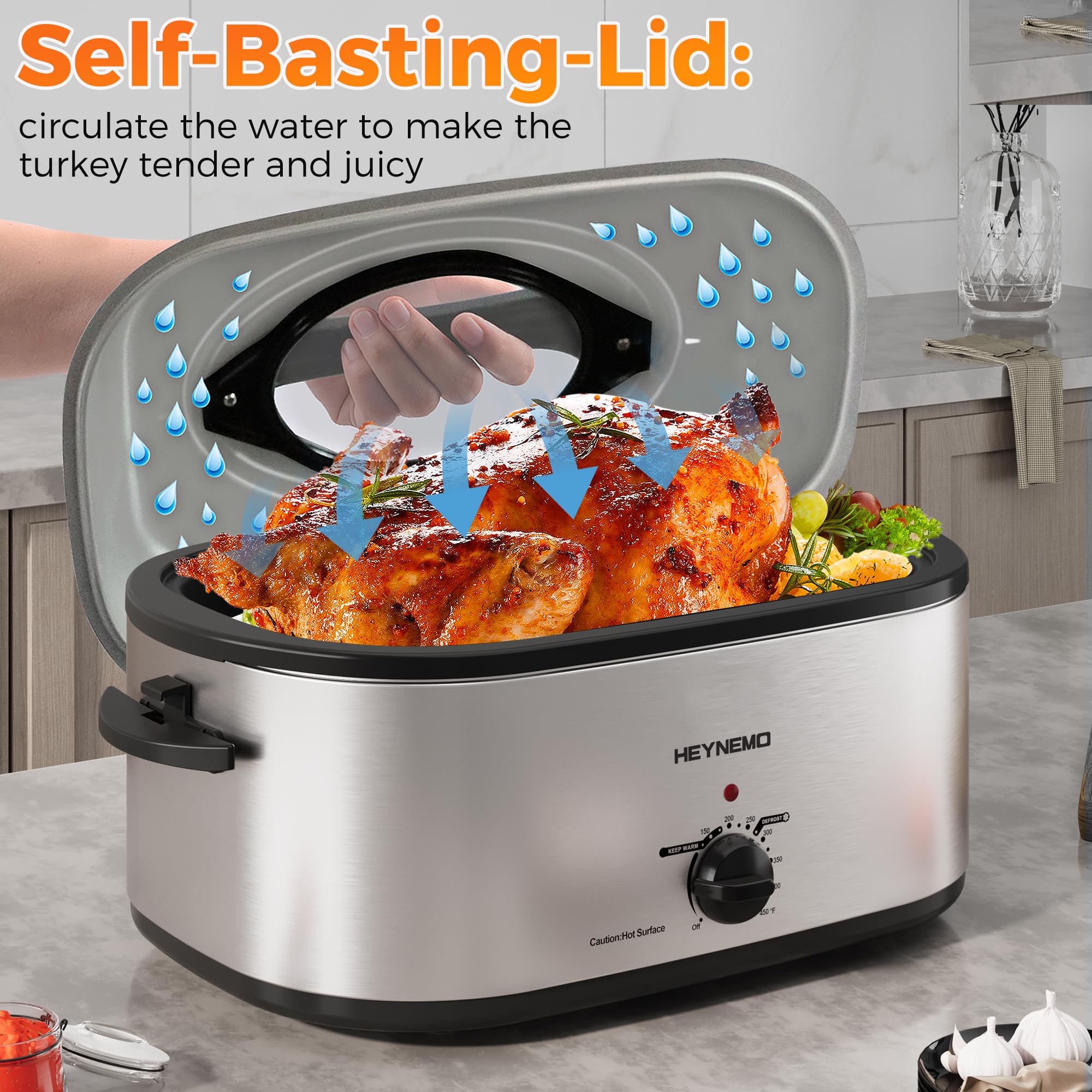 26 Quart Stainless Steel Electric Roaster Oven with Visible Self-Basting Lid, Adjustable Temperature & Defrost Warm Function, Removable Pan Rack for Large Turkey Roasting, Perfect for Holidays & Family Gatherings