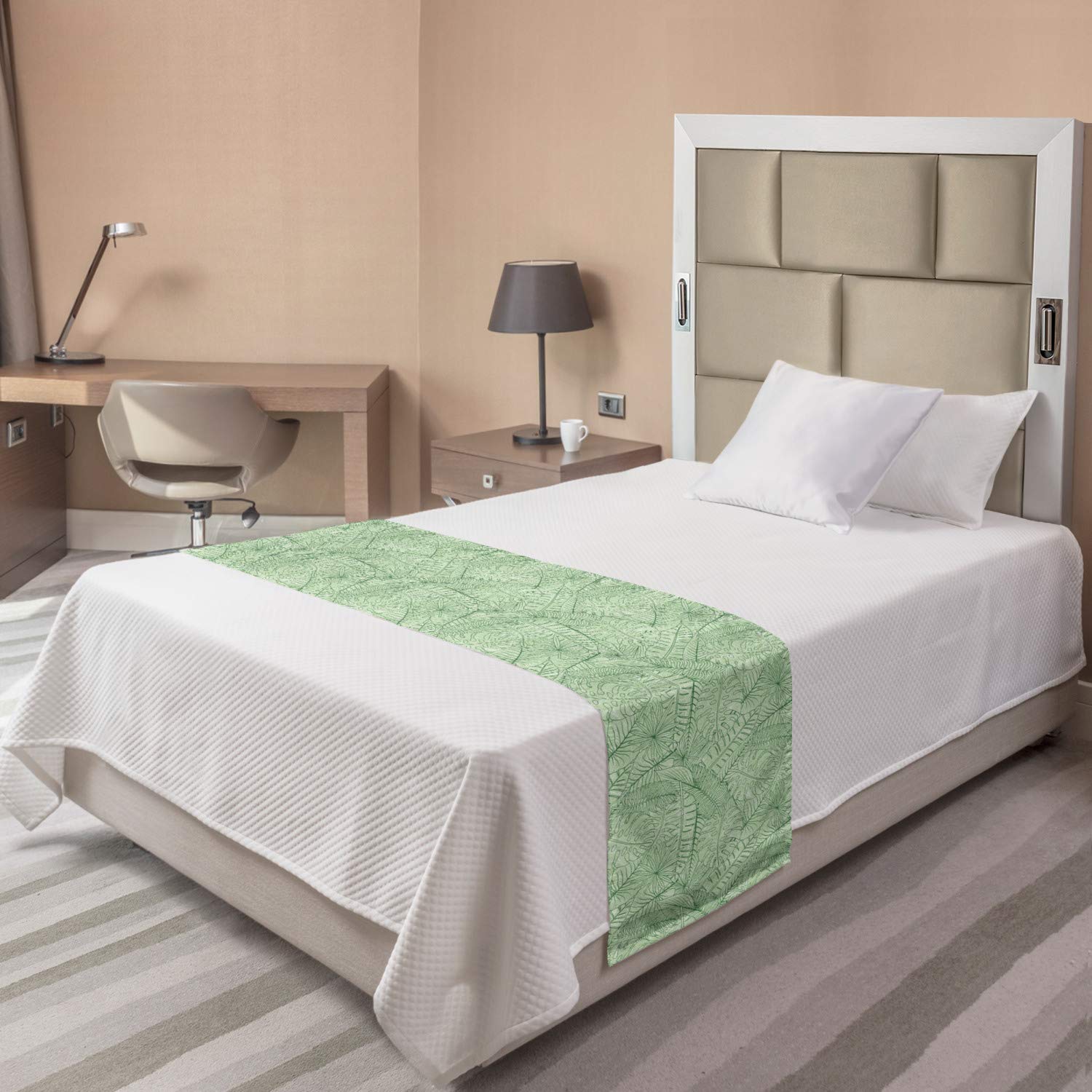 Ambesonne Nature Bed Runner - Banana & Monstera Leaves Monochrome Print | Decorative Bed Scarf for Hotels, Homes & Guest Rooms in Pale Green | Perfect for Boho Bedroom Decor & Tropical Theme Weddings