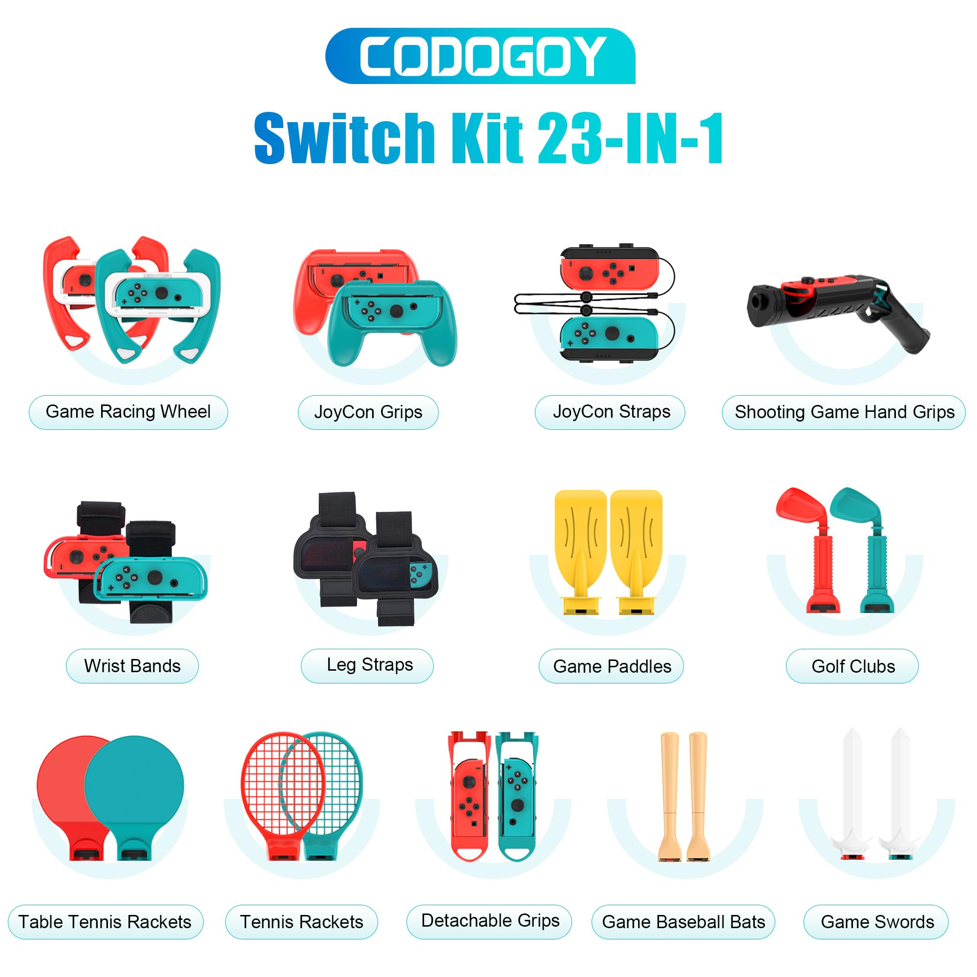 CODOGOY 23-in-1 Nintendo Switch Sports Accessories Bundle - Compatible with Switch & Switch OLED - Family Game Night Essentials for Tennis, Bowling & More