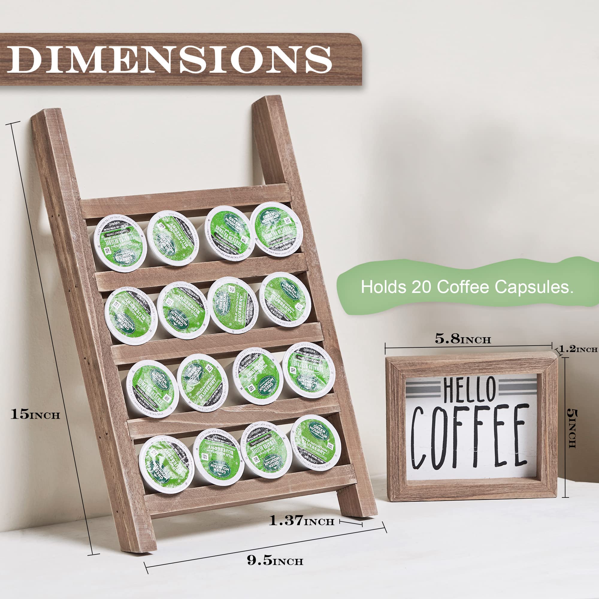 GENMOUS Wooden K-Cups Holder for Countertop - Farmhouse Style Coffee Pod Organizer with Rustic Decor Sign - Kitchen Storage & Coffee Station Accessories in Brown - Perfect for Home, Office, and Coffee Bar Decor