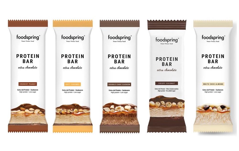 Foodspring Protein Bar Extra Chocolate Variety Pack – 15 Assorted High Protein Bars 45g – Low Sugar, Gluten Free – Perfect for Post-Workout Recovery & Healthy Snacking On-The-Go