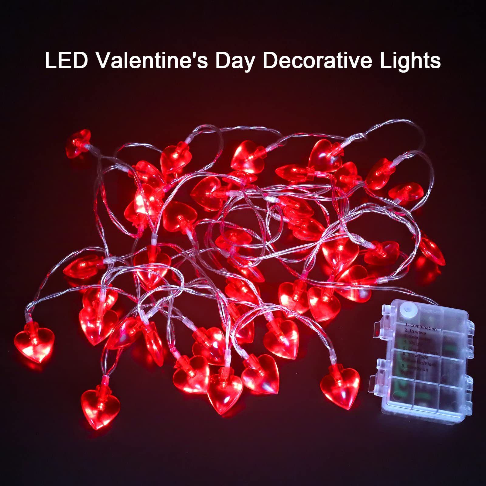Valentine's Day Heart String Lights - 14.5ft 40LED Battery Operated Fairy Lights with 8 Modes, Romantic Heart Shaped Lights for Indoor Outdoor Decor, Home, Wedding, Party, and Garden Lighting