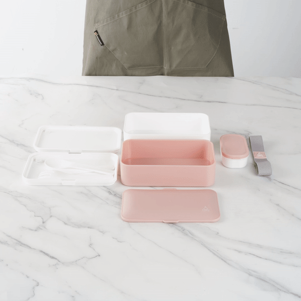Bento Tek 41oz Pink & White Buddha Lunch Box with Utensils & Sauce Cup - 7.25