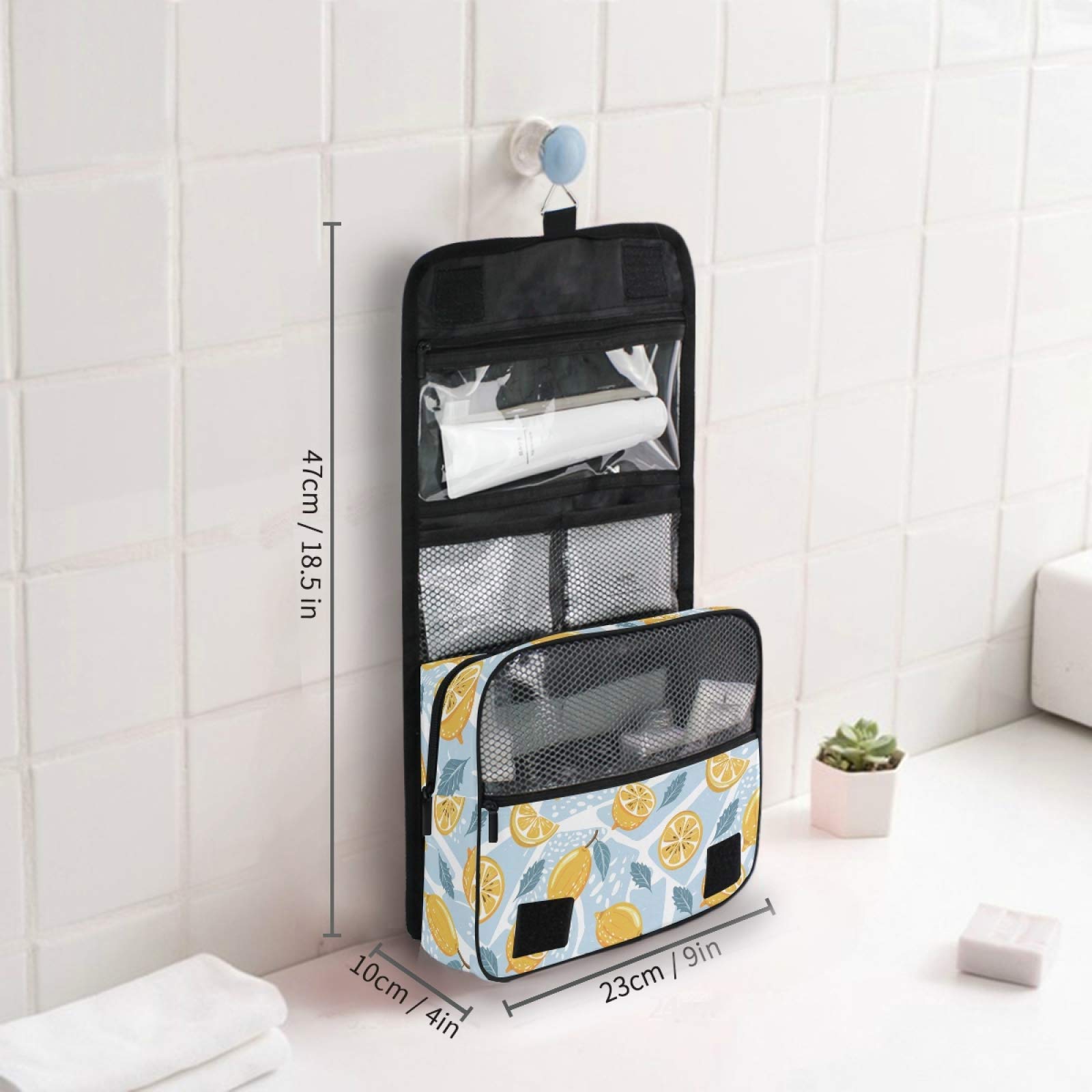 ALAZA Hanging Toiletry Bag for Women - Large Capacity Waterproof Travel Cosmetic Organizer with Hook, Tropical Lemon Slice & Mint Leaves Design - Perfect for Bathroom Storage, Makeup Pouch & Vacation Essentials