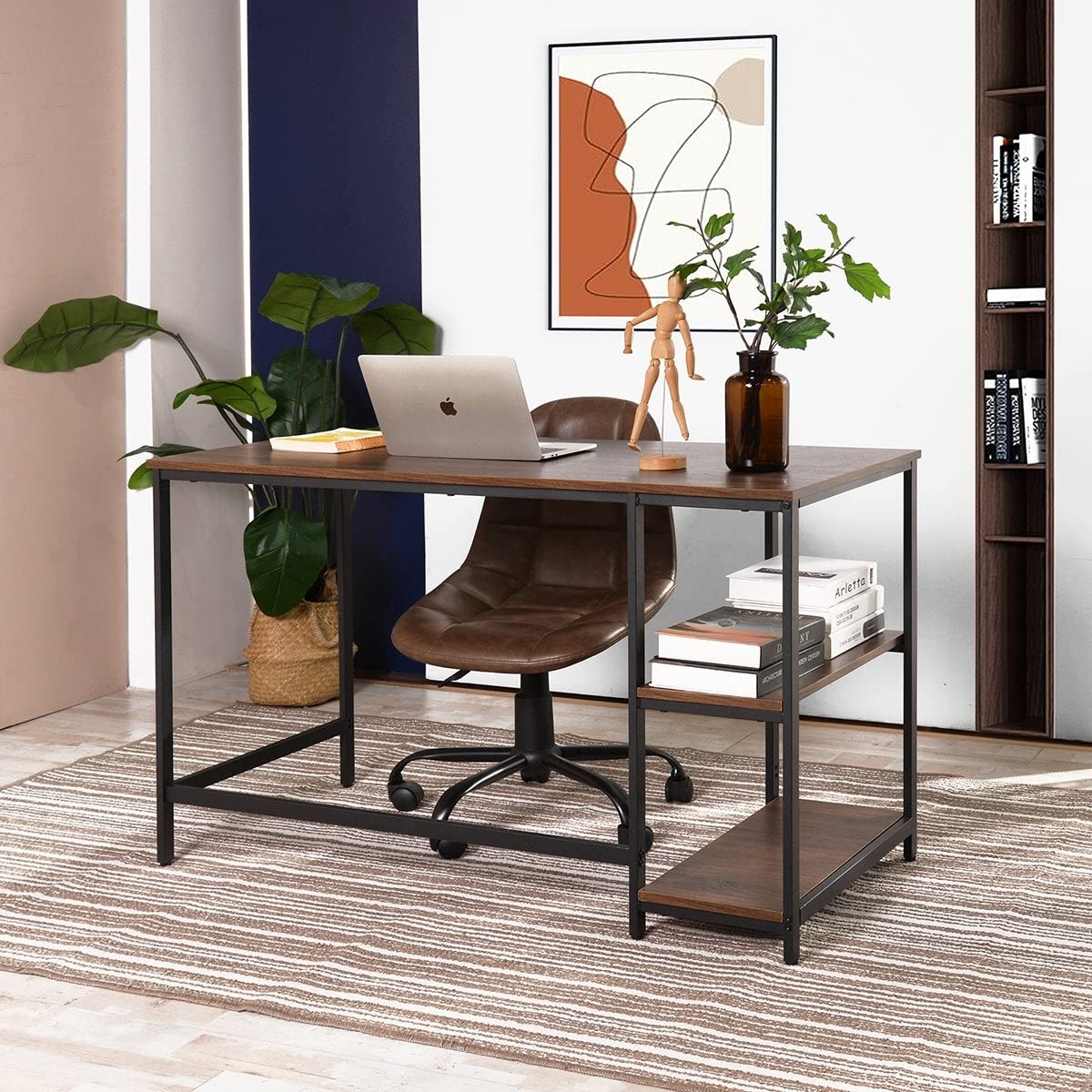 Modern Brown Wood Finish 2-Tier Computer Desk - Contemporary Rectangular Home Office Desk for Work & Study