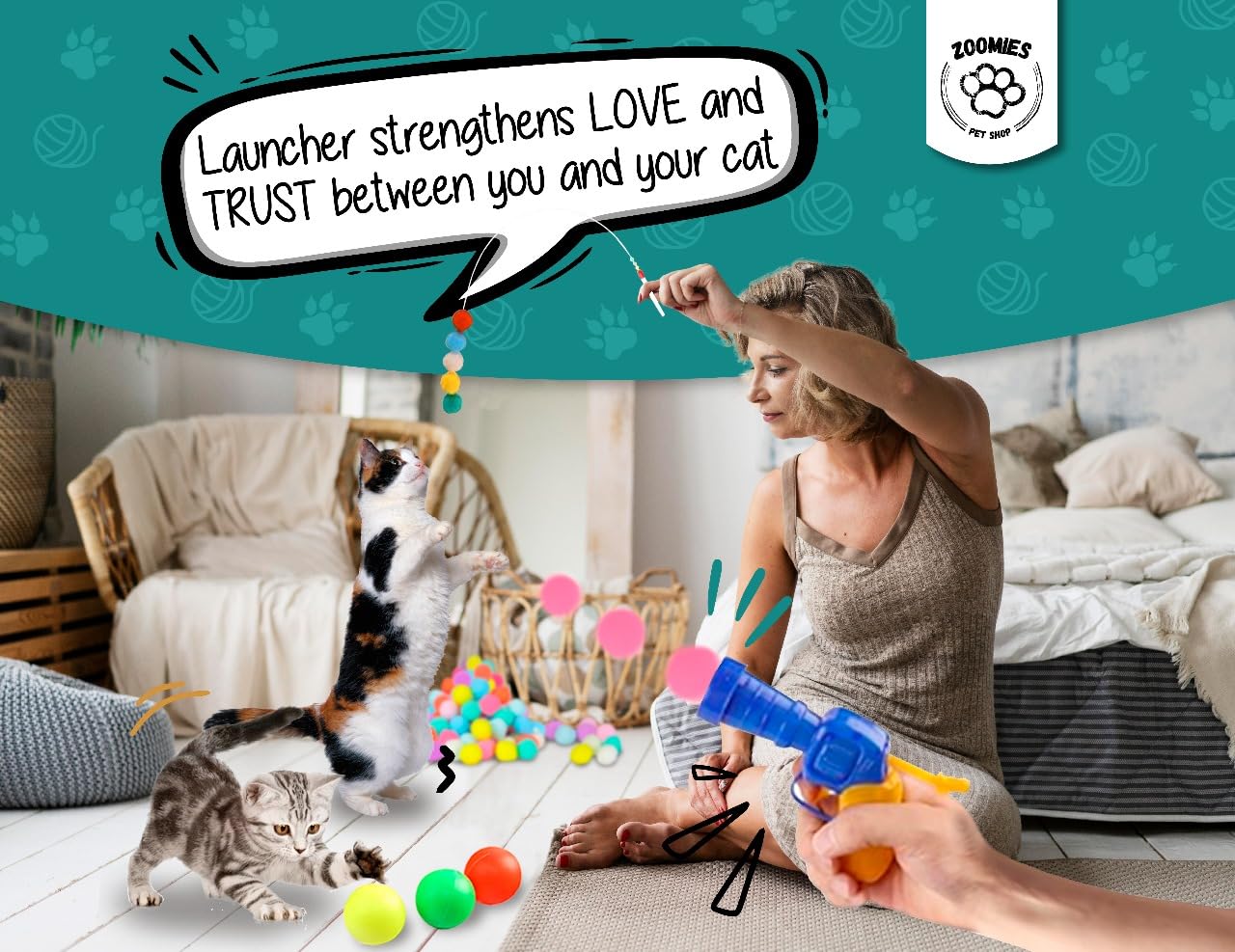 Interactive Cat Toys for Indoor Cats - 1pc Cat Toy Gun, 100 Pom Pom Balls & 3 Bouncing Balls | Automatic Ball Launcher for Fun & Exercise - Perfect for Playtime, Training & Keeping Cats Active at Home