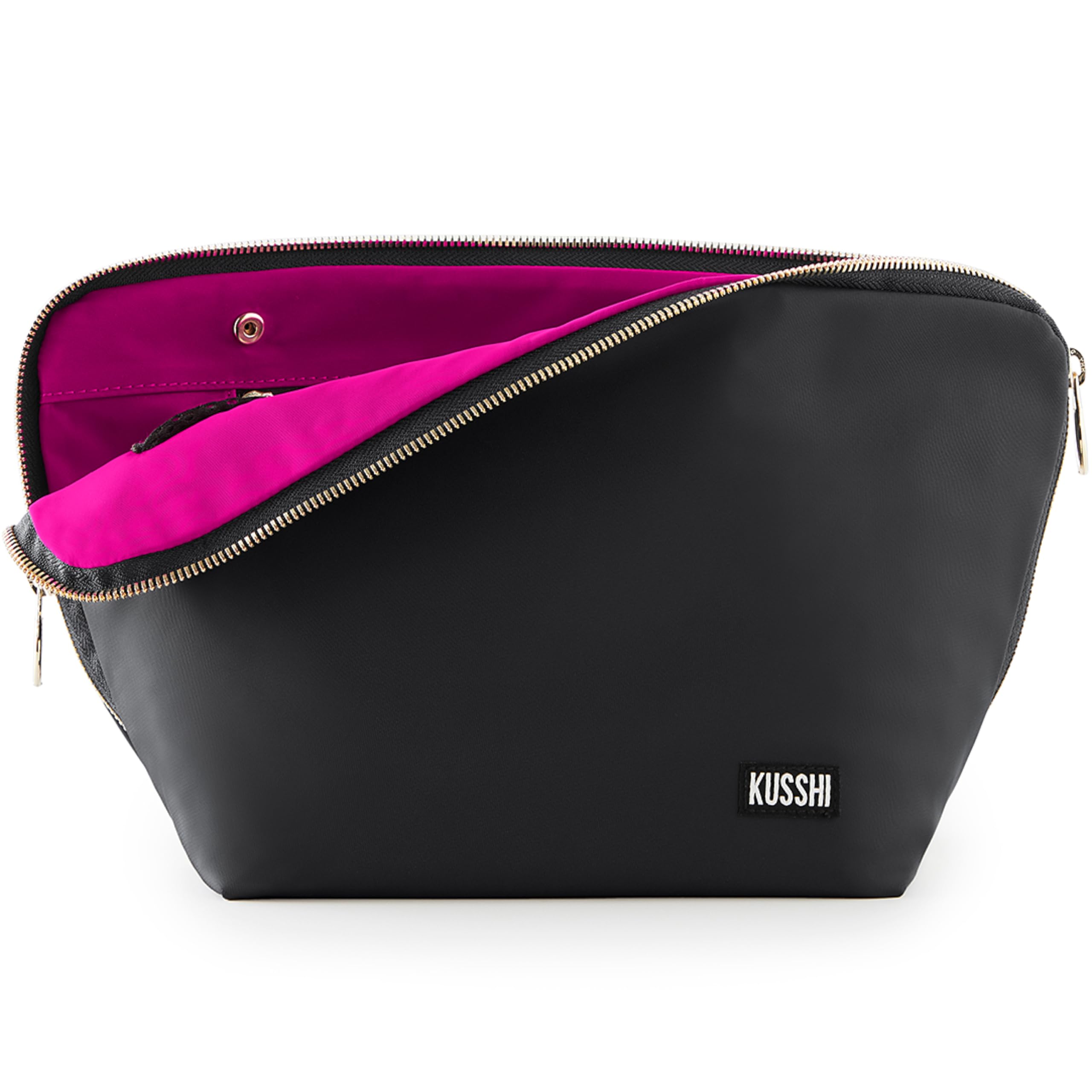 KUSSHI Washable Travel Makeup Bag - Waterproof Cosmetic Organizer with Brush Pockets for Women | Portable Toiletry Case for Vacation, Gym & Air Travel (Satin Black/Pink)