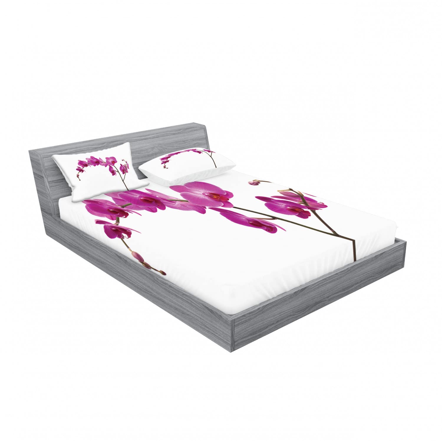 Ambesonne 2-Pack Queen Size Fitted Sheet & Pillow Sham Set - Wild Orchid Floral Design, 4-Piece Bedding Collection (2 Fitted Sheets + 4 Pillowcases) in Violet - Soft Wrinkle-Resistant Fabric for Master Bedroom, Guest Room & Vacation Home Decor