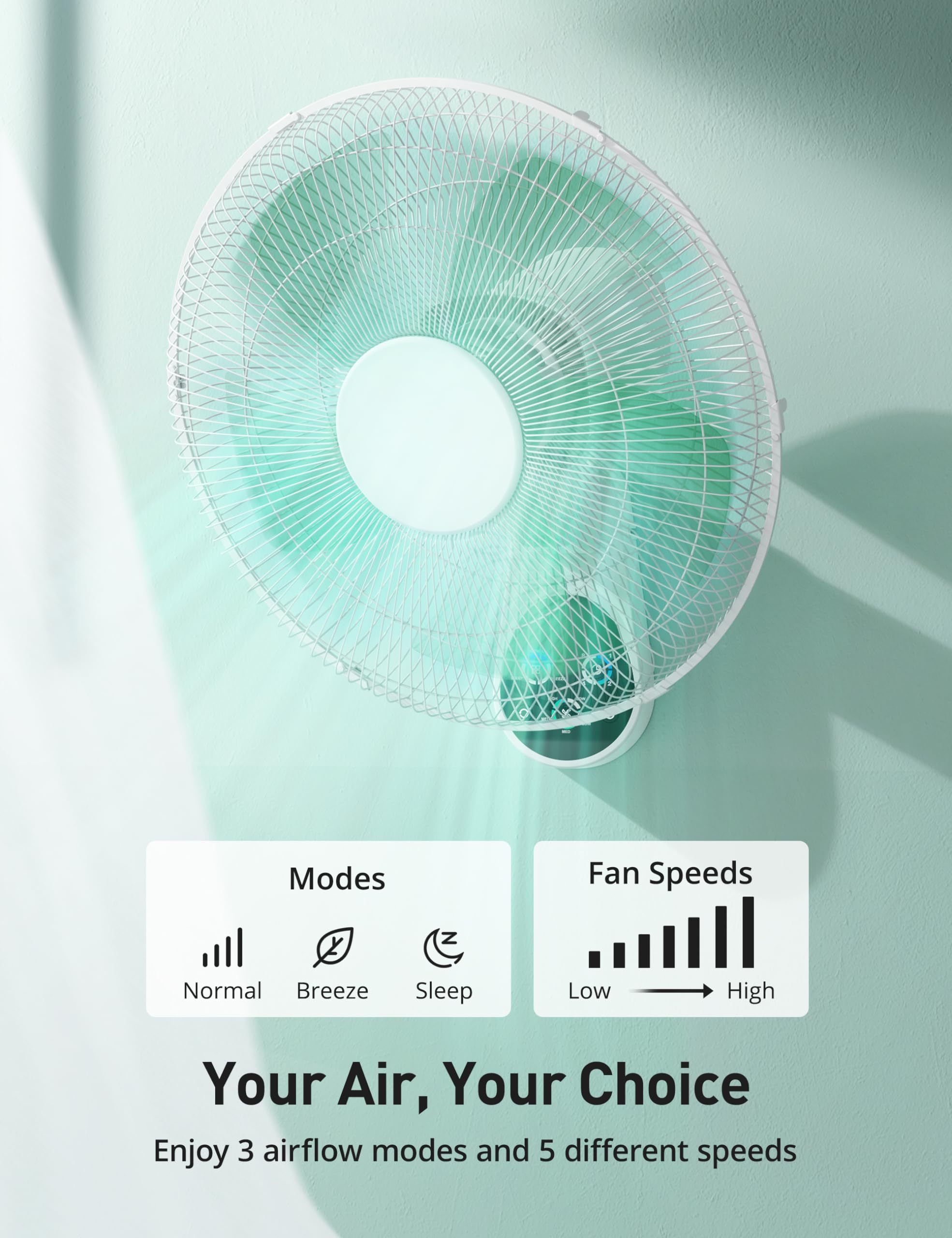 Mirdred 16 Inch Wall Mount Fan with Remote Control - 5 Speed, 5 Blade Oscillating Fan with 90° Tilt & 8-Hour Timer - Quiet Cooling for Bedroom, Home, Kitchen, Office, and Indoor Spaces