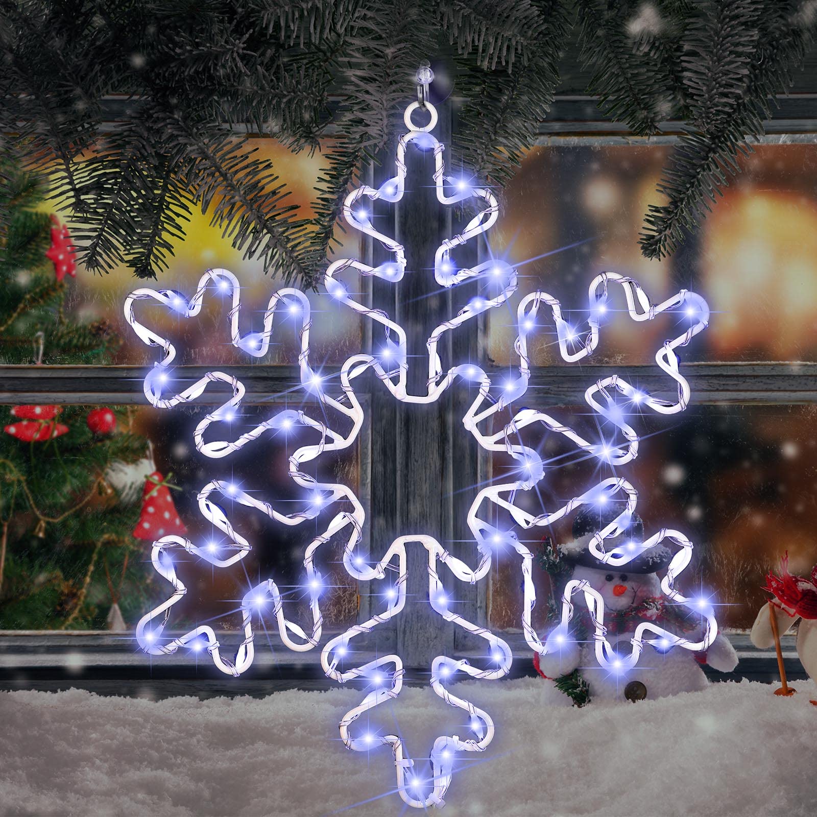 11.8 Inch LED White Christmas Snowflake Window Lights - Battery Operated & USB Powered with Remote Timer for Outdoor Holiday Decorations | Perfect for Christmas Tree, Porch, Yard, and Winter Party Decor