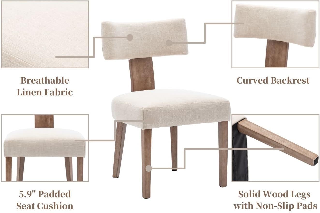 Modern Dining Chairs Set of 4 - Upholstered Side Chairs with Wood Legs & Linen Fabric - Curved Wingback Design for Living Room, Dining Room & Kitchen - Beige Home Decor - Perfect for Family Gatherings & Dinner Parties