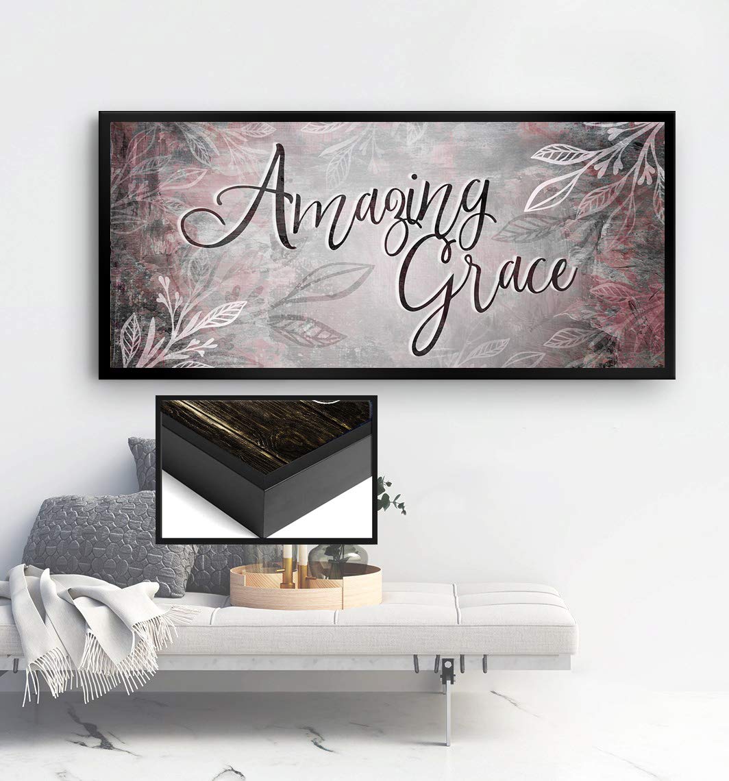 Amazing Grace Christian Wall Art Sign - Rustic Farmhouse Kitchen Decor - Large Framed Canvas Wall Décor Ready to Hang - Red Pink with Black Floating Frame 42x19 - Perfect for Home, Church & Office Decorations