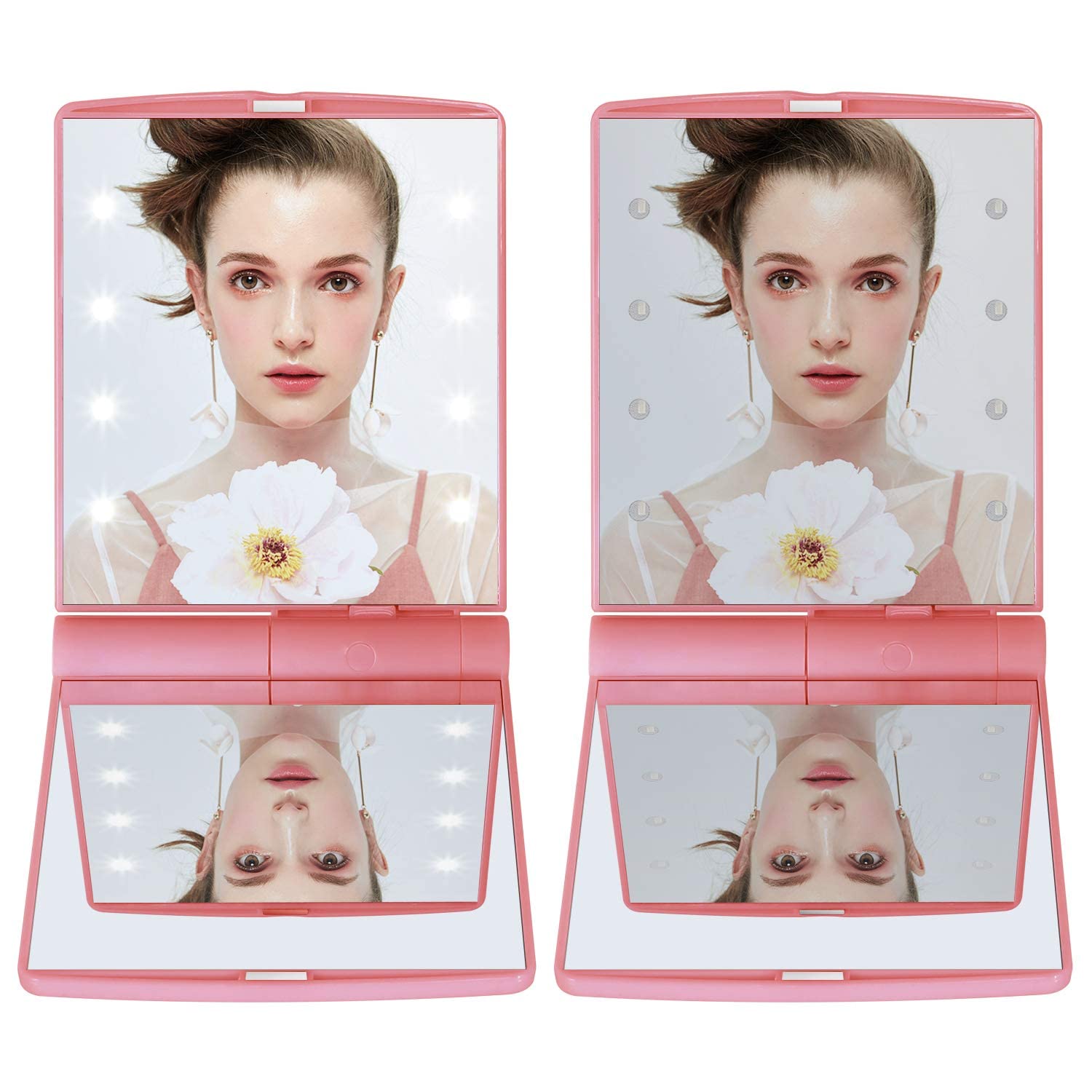 8 LED Travel Makeup Mirror - Compact Folding & Portable for Women (Pink) - Perfect for Travel & Touch-ups