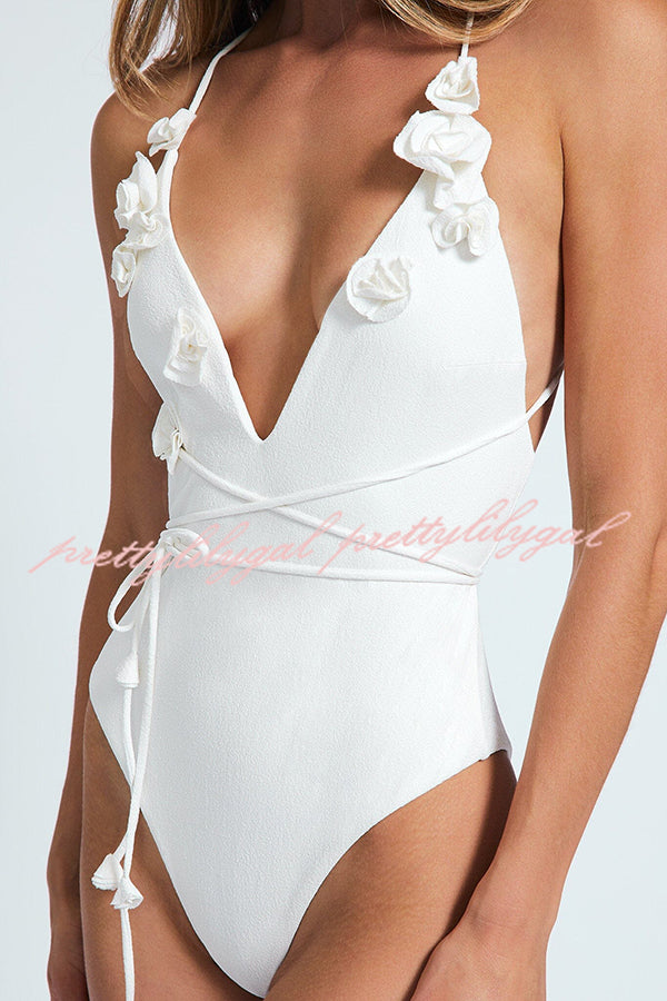 Solid Color Lace-Up Floral One Piece Swimsuit - Stretchy Comfort for Beach, Pool & Summer Vacations