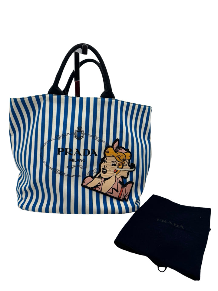 Prada Blue and White Canvas Comic Tote Bag - Stylish Designer Handbag for Women, Perfect for Work, Travel & Everyday Use