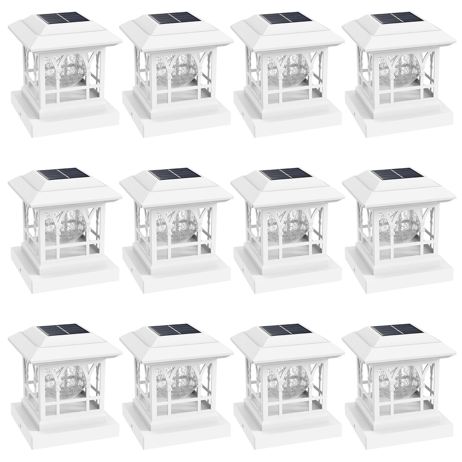 Solar Post Cap Lights for Fence - 20 Lumens Warm White & RGB Auto Cycling (12 Pack) - Waterproof Crackle Glass Design for 3.6x3.6