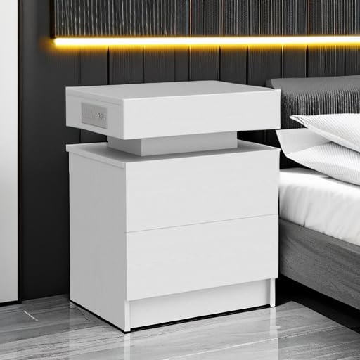 Modern White Nightstand with LED Light & USB Charging Station - 3 Drawers Bedside Table for Bedroom, Living Room | Compact End Table with Soft Glow Lighting for Phones, Books & Bedroom Essentials