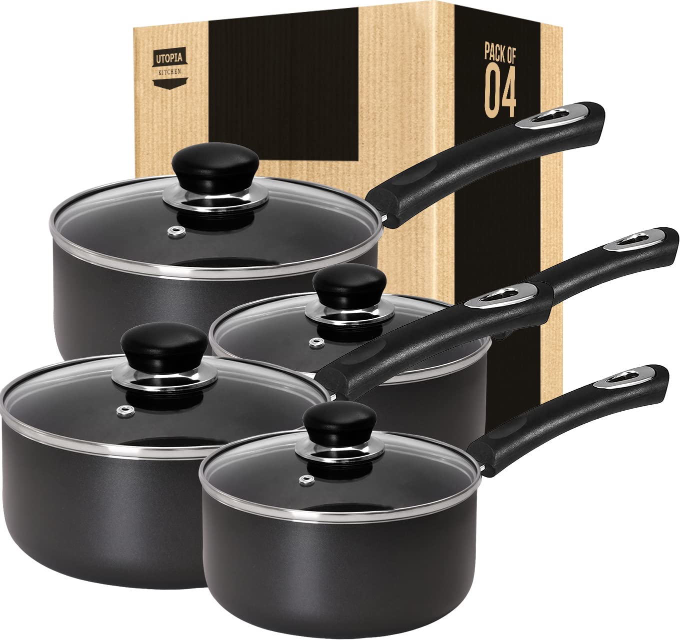 Utopia Kitchen Nonstick Saucepan Set - 1 Quart & 2 Quart Sauce Pans with Lids - Multipurpose Cooking Pots for Home Kitchen or Restaurant - 4-Piece Set (Grey-Black) - Perfect for Boiling, Simmering, and Sauce Making