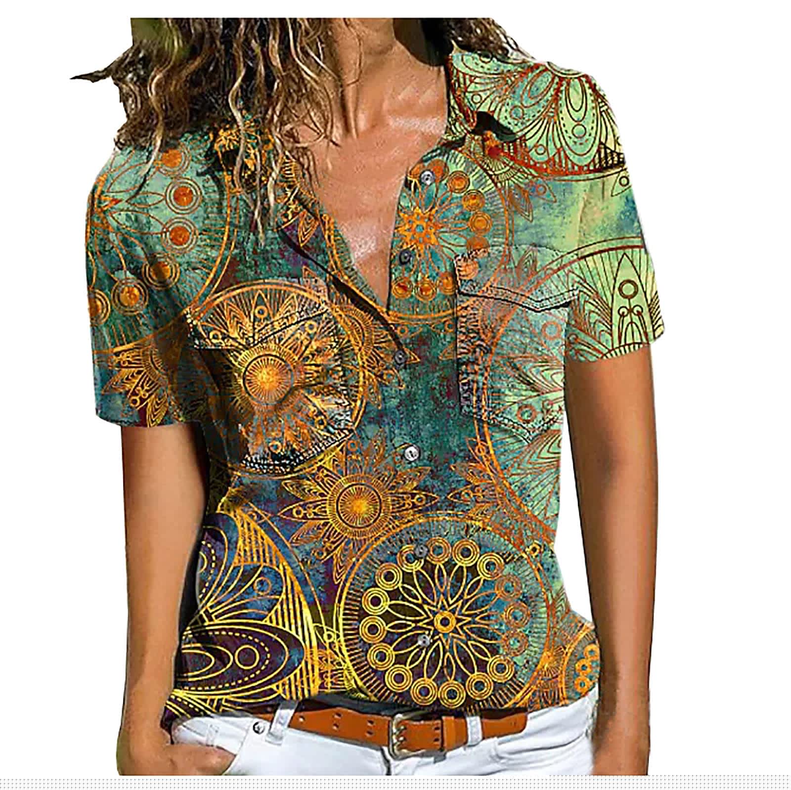 Women's Hawaiian Aloha Shirt Casual Short Sleeve Button Down Tunic with Pockets | Floral Loose Blouse for Beach Vacation, Summer Party & Tropical Outfit