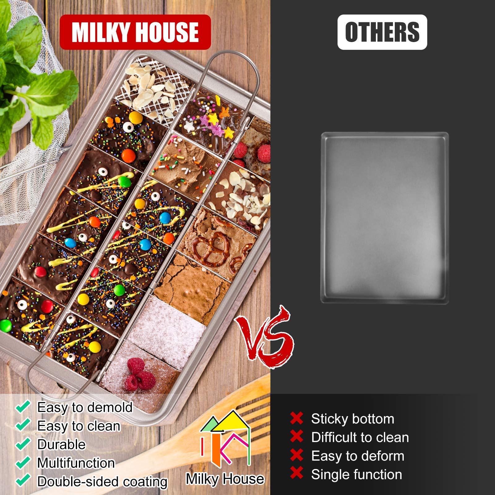 Non-Stick Brownie Baking Pan with Dividers & Slicers - 12x8 Inch Rectangular Oven Safe Baking Tray with 18 Pre-Cut Molds for Perfect Brownies, Cakes & Bread - Ideal for Home Baking, Parties & Gifts - Dishwasher Safe