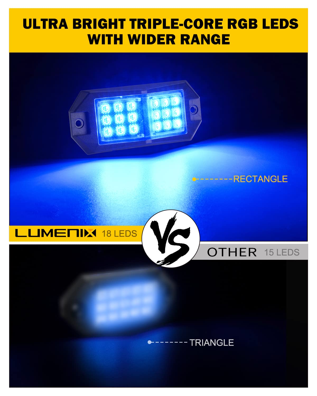 LUMENIX RGB LED Rock Lights Kit - Bluetooth Multicolor Wheel Well & Footwell Underglow Neon Lights with Remote Control - Wide Angle Rock Lights for Off-Road Trucks, SUVs, UTVs, RZRs, ATVs & Motorcycles (8 Pods) - Perfect for Night Rides, Car Shows & Off-Road Adventures