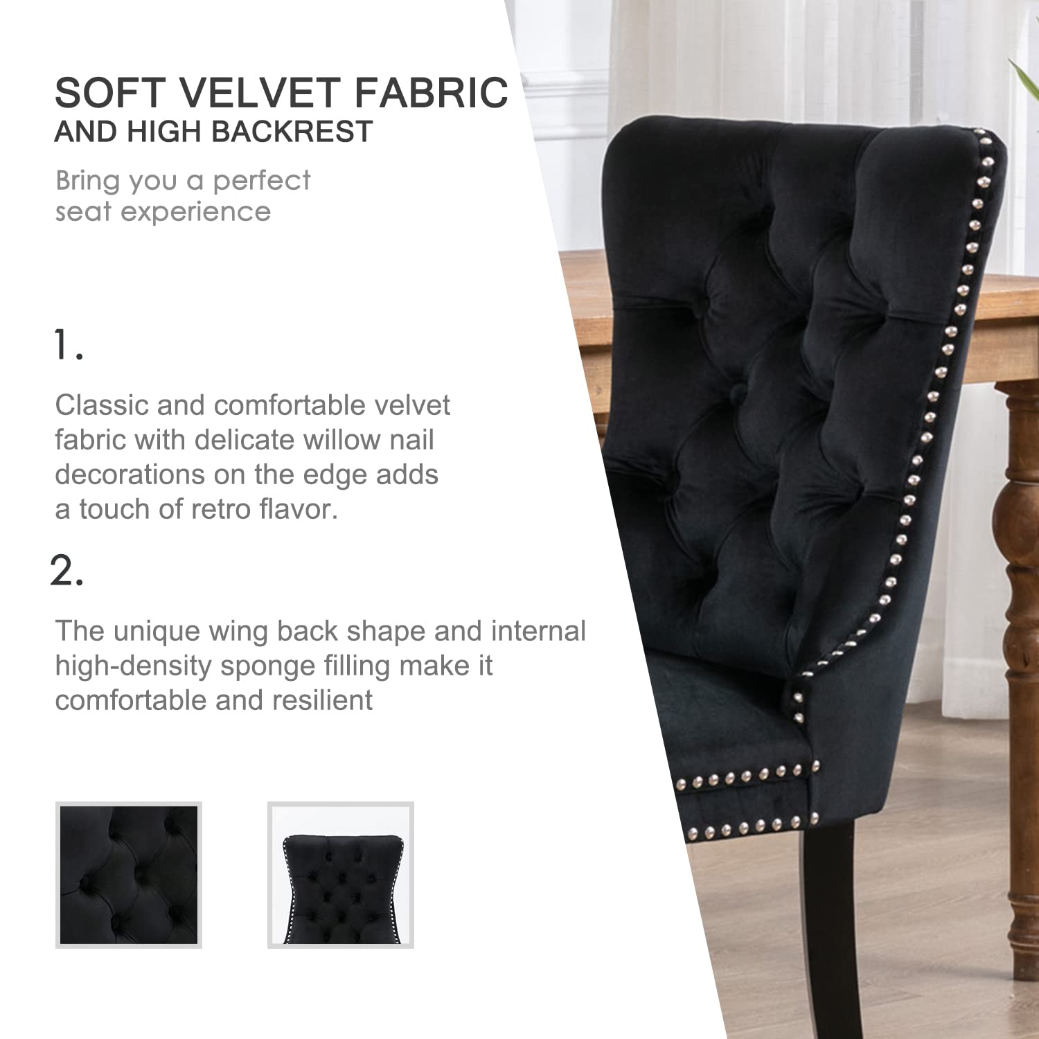 Tufted Velvet Dining Chairs Set of 2 - Button Back Upholstered Chairs with Nailhead Trim for Kitchen, Bedroom & Restaurant - Elegant Black Seating for Home Decor & Dining Room Furniture (Perfect for Small Spaces & Formal Dining)