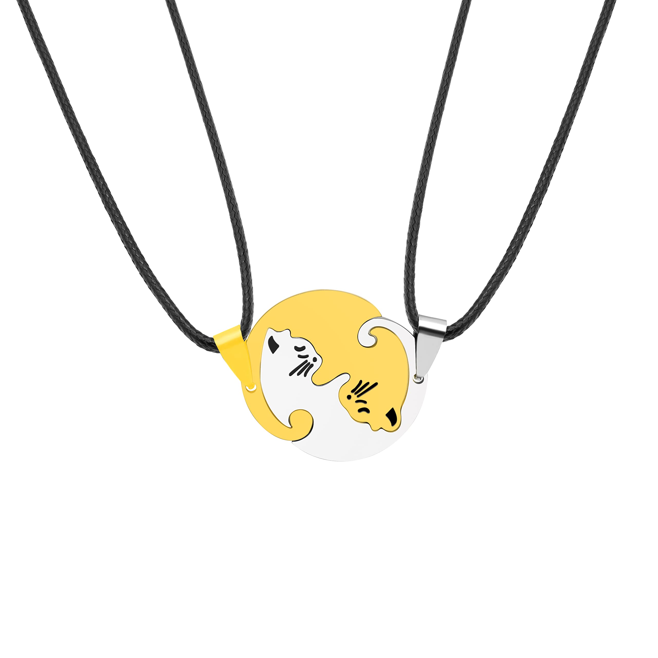2PCS Stainless Steel Cat & Dog Couple Necklace Set - Yin Yang Friendship Pendant for Him & Her - Perfect for Anniversaries, Valentine's Day & Matching Gifts (Gold Cat Design)