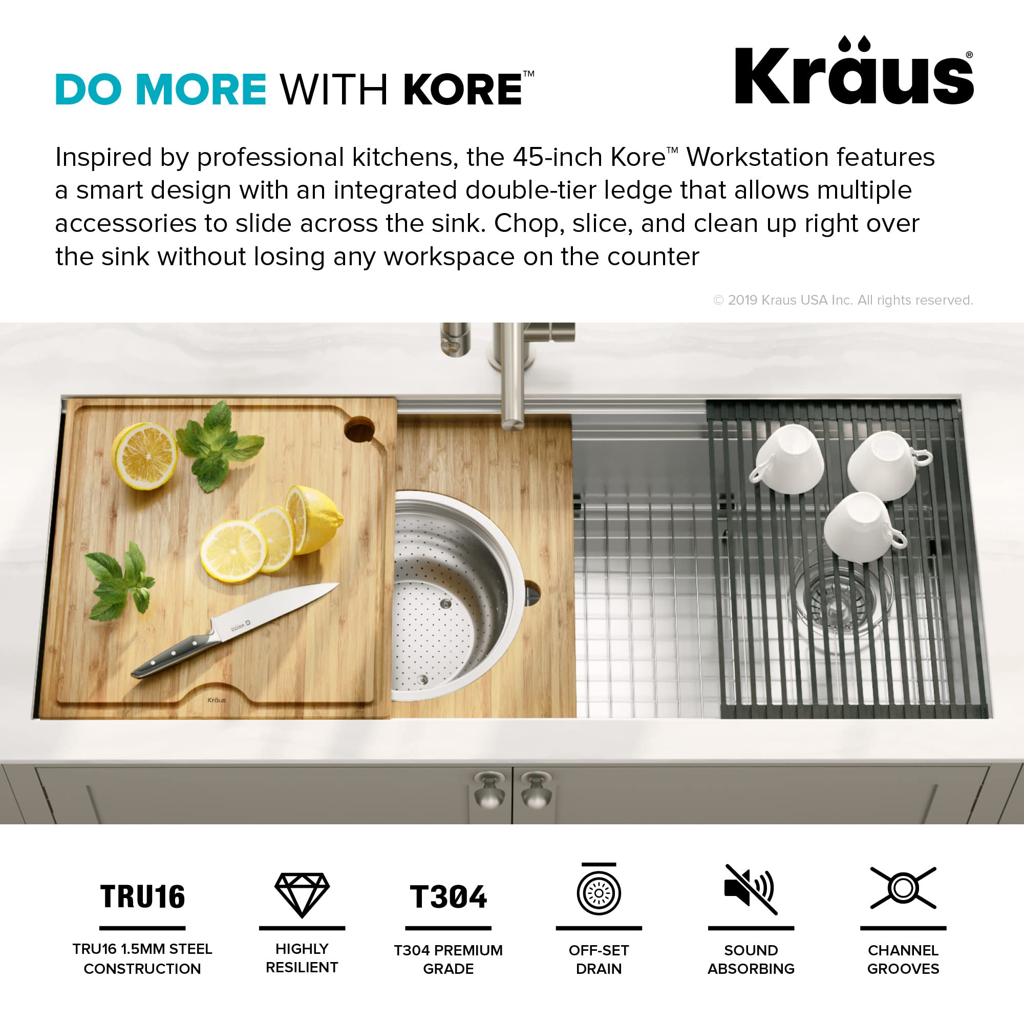 KRAUS KWU120-45 Kore 2-Tier 45-inch Undermount 16 Gauge Stainless Steel Kitchen Sink with Integrated Ledge & Accessories - Single Bowl Workstation for Modern Kitchens (Pack of 10) | Perfect for Meal Prep, Dishwashing & Entertaining