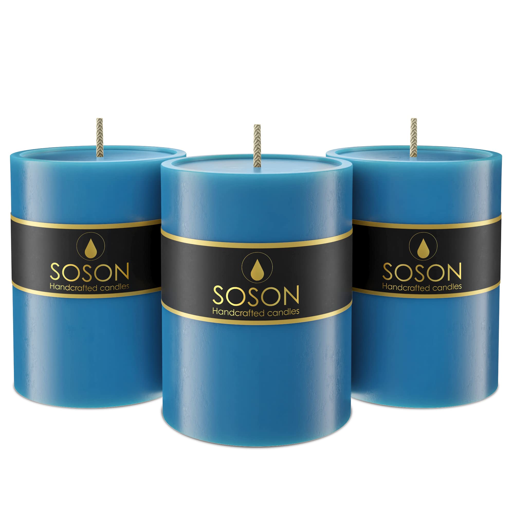 Premium 3x4 Inch Steel Blue Pillar Candles (Set of 3) - Unscented Decorative Candles for Home & Wedding Decor