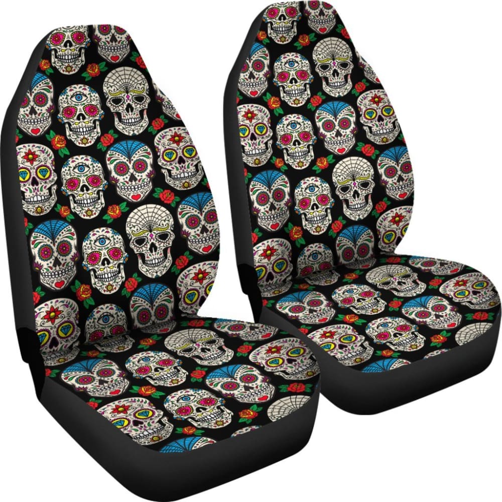 2 Pcs Floral Sugar Skull Car Seat Covers - Day of The Dead Design, Universal Fit for Cars, Trucks & SUVs - Perfect for Halloween, Dia de Los Muertos Celebrations & Unique Car Decor