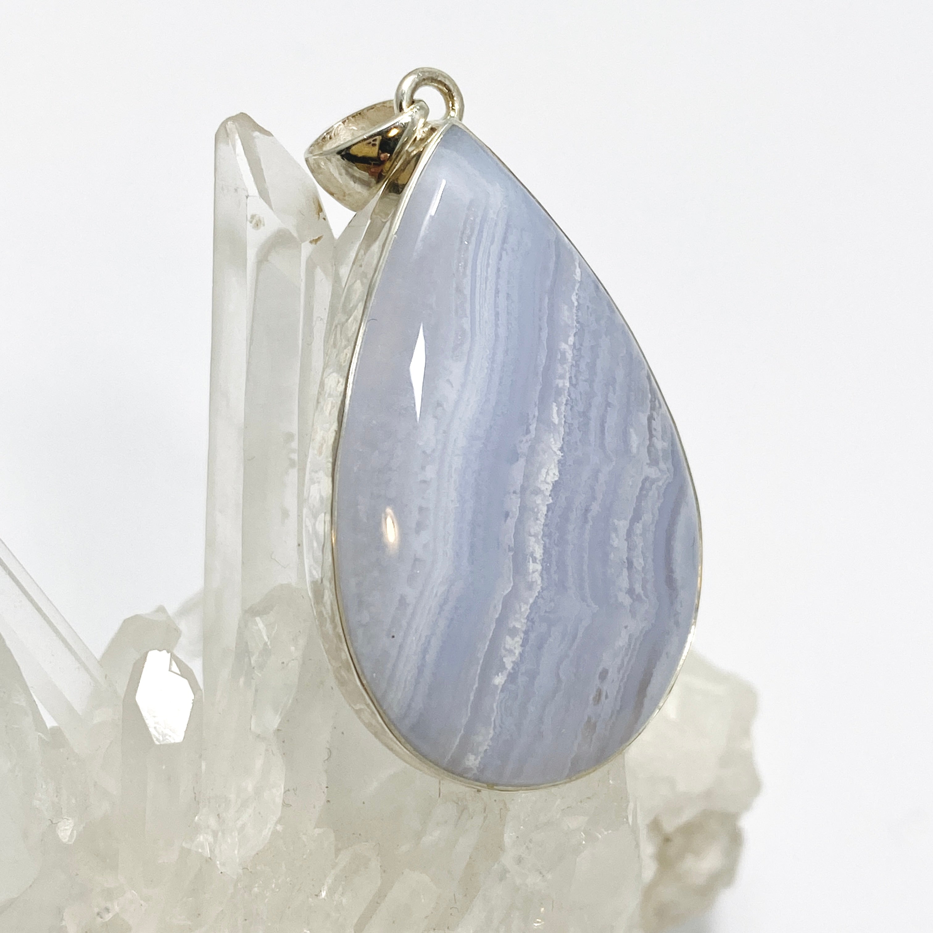 Blue Lace Agate Teardrop Cabochon Pendant in Hammered Silver Setting - KPGJ4831 | Handmade Jewelry for Women, Boho Chic Necklace for Everyday Wear & Special Occasions