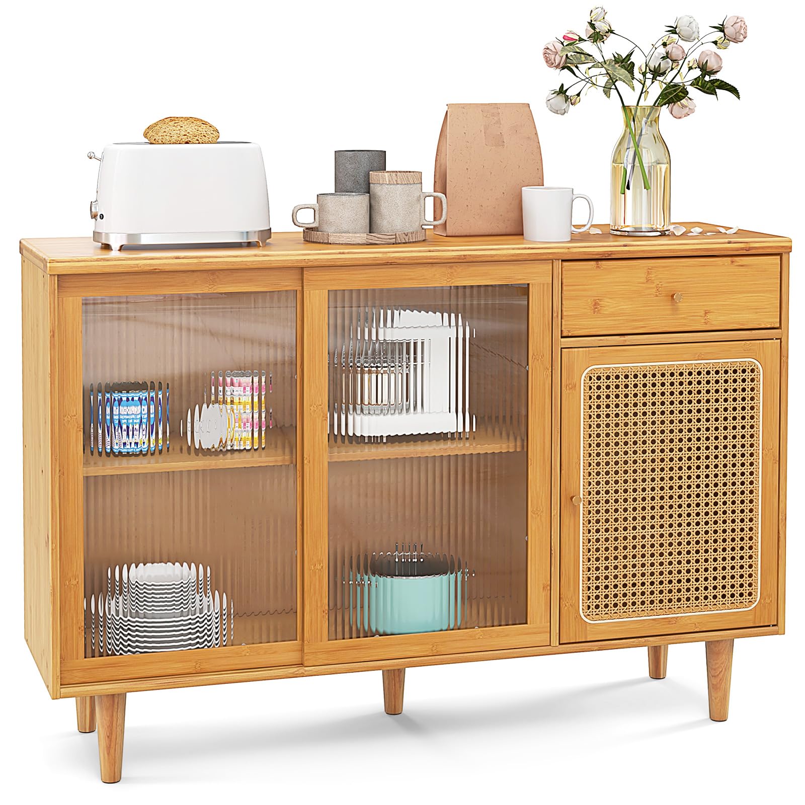 Giantex Buffet Cabinet with Storage - Bamboo Sideboard with Drawer & Rattan Glass Door - Kitchen Cupboard & Farmhouse Console Table for Entryway, Dining Room, Coffee Bar - Perfect for Home Organization & Stylish Display