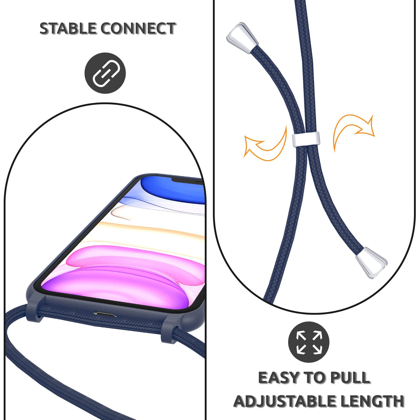 UEEBAI Adjustable Crossbody Lanyard Phone Case for iPhone 15 (6.1 inch) - Shockproof Silicone Cover with Soft Neck Strap, Belt Cord & Protective Design - Deep Blue - Perfect for Travel, Work, Gym & Outdoor Activities