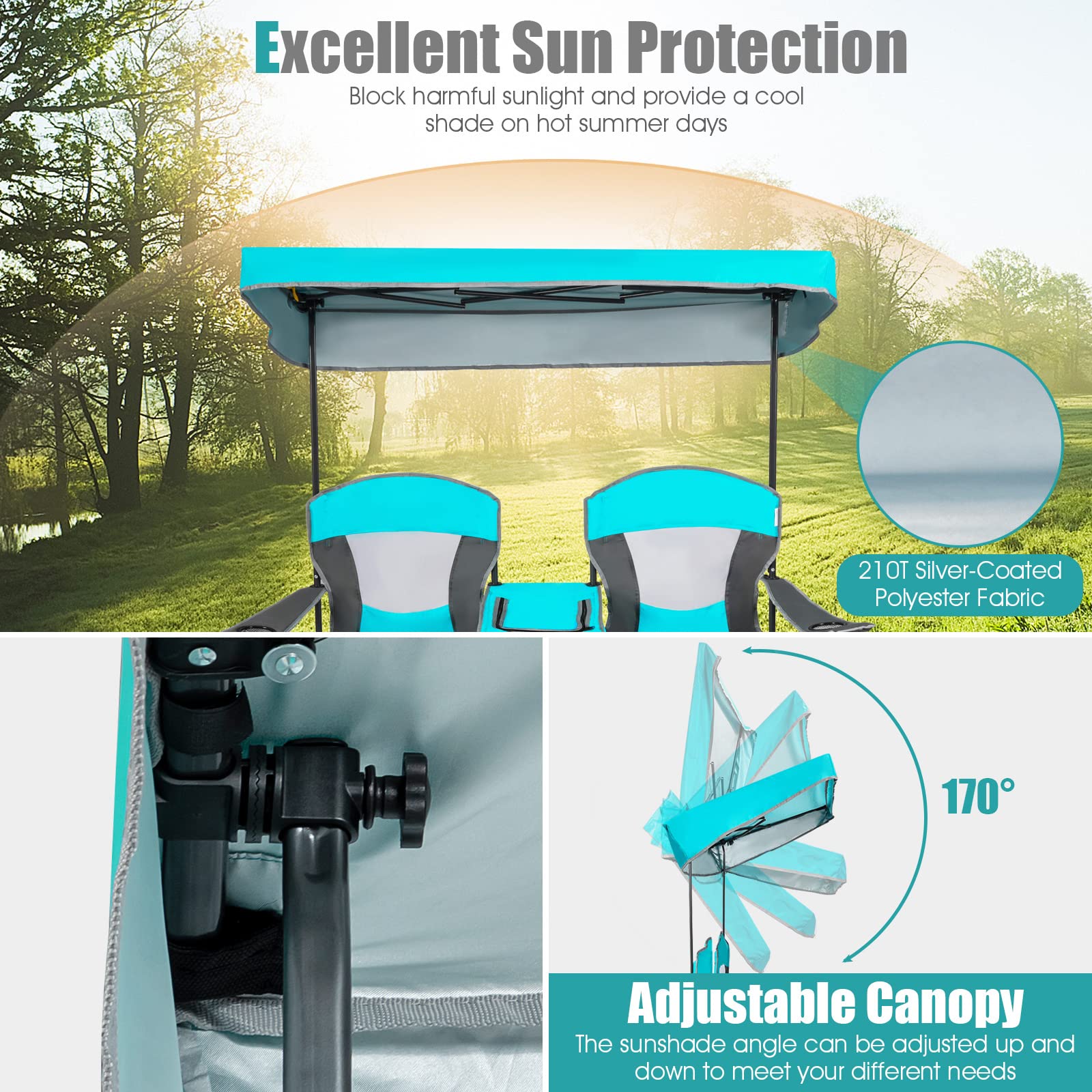 **SAFSTAR Double Camping Chair with Canopy Shade - Portable Folding Loveseat with Mini Table, Cup Holder & Carrying Bag - Outdoor Beach, Lawn, Picnic & Camping Chairs (Turquoise) - Perfect for Couples, Backyard Relaxing & Beach Vacations**