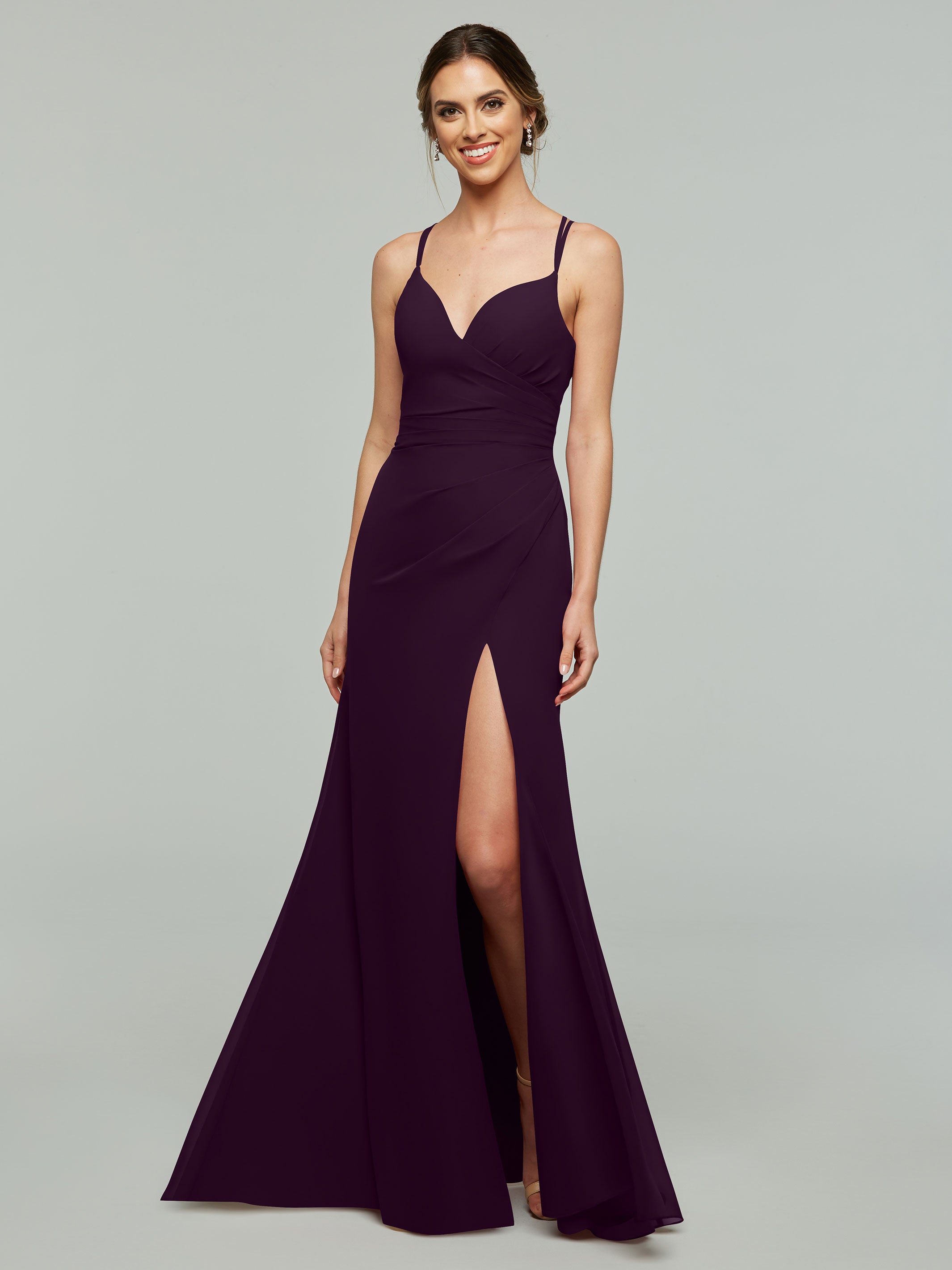 Elegant 80130 Chiffon Sheath Bridesmaid Dress with V-Neck & High Slit - Perfect for Weddings, Formal Events & Evening Parties