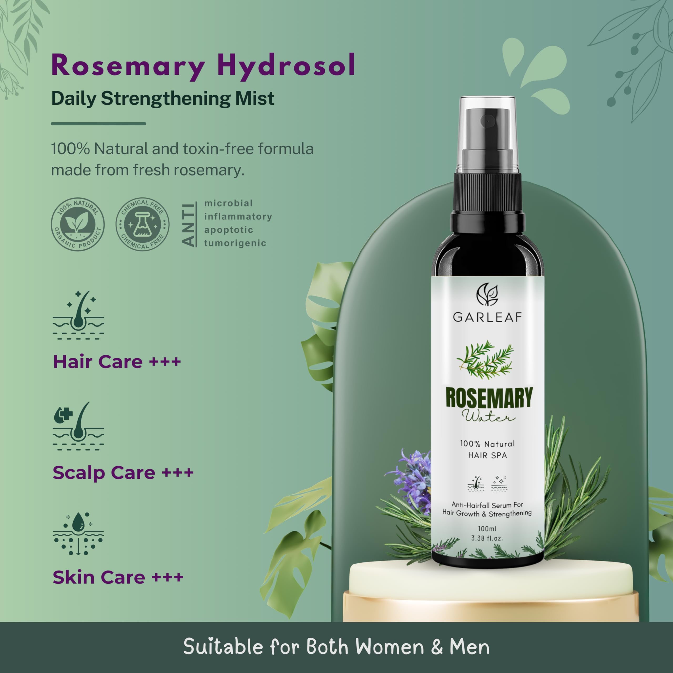 Garleaf Rosemary Water Spray for Hair Growth & Hair Fall Control - Natural Hair Growth Tonic for Men & Women | 100ml | Promotes Thicker, Healthier Hair | Perfect for Daily Scalp Care & Styling