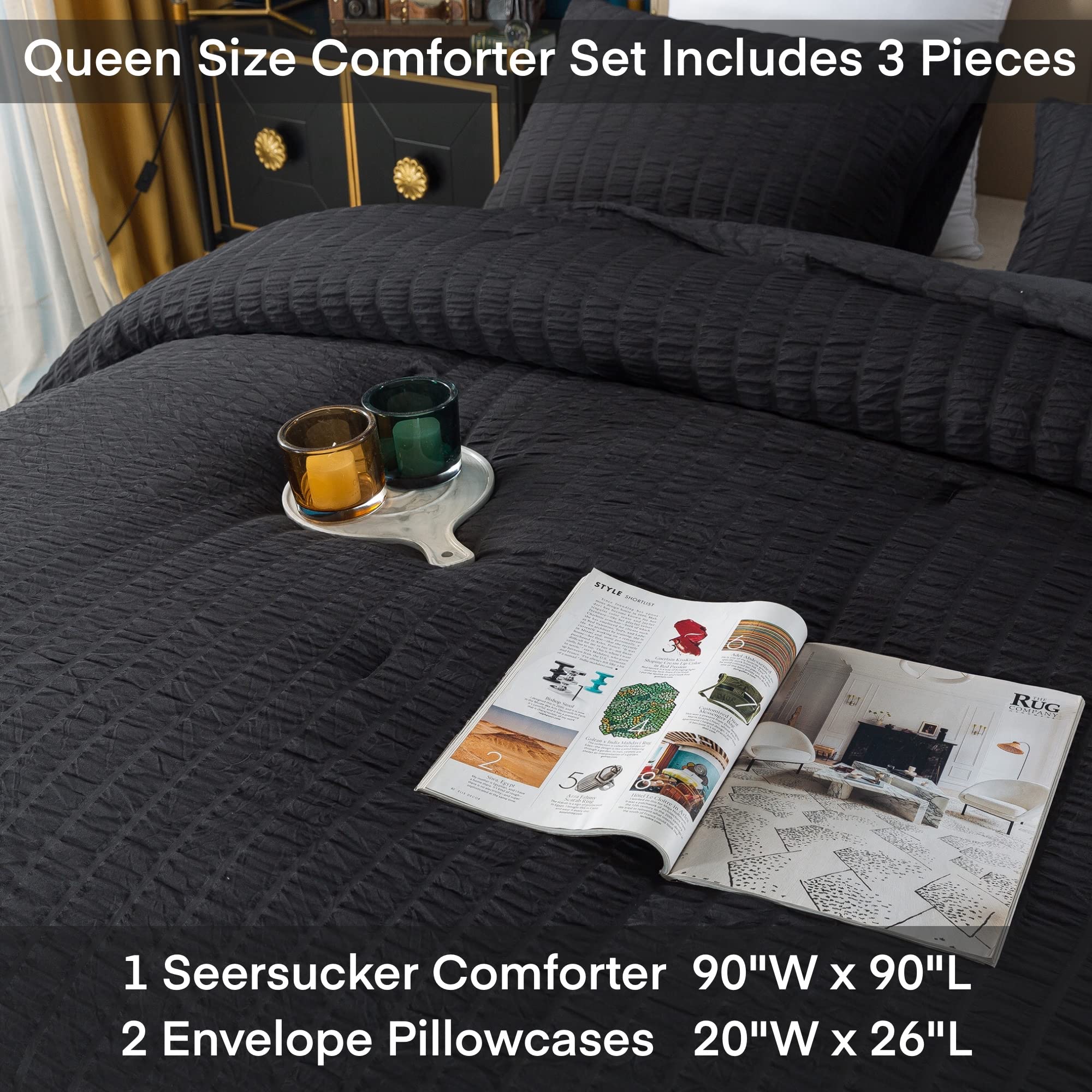 AveLom Seersucker Queen Comforter Set (90x90 inches), 3-Piece 100% Soft Washed Microfiber Lightweight Bedding - All Season Down Alternative Comforter with 2 Pillowcases, Black | Perfect for Guest Rooms, Master Bedrooms & Cozy Home Decor