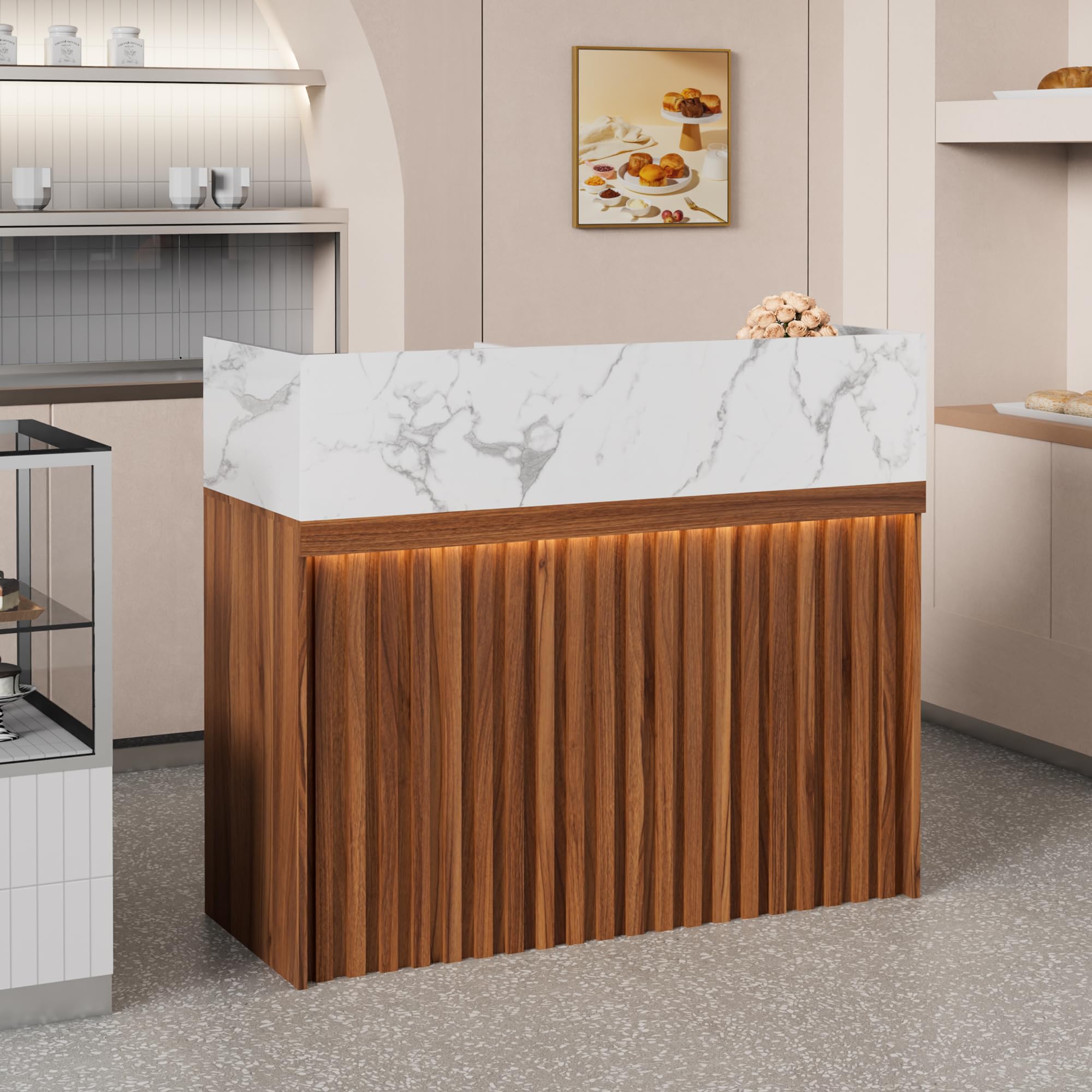 Modern Reception Desk with Counter - Marble Top Front Desk with LED Lights & Cable Grommet for Office, Beauty Salon, Hotel Lobby | Durable Checkout Counter for Retail Stores & Home Office Workspace