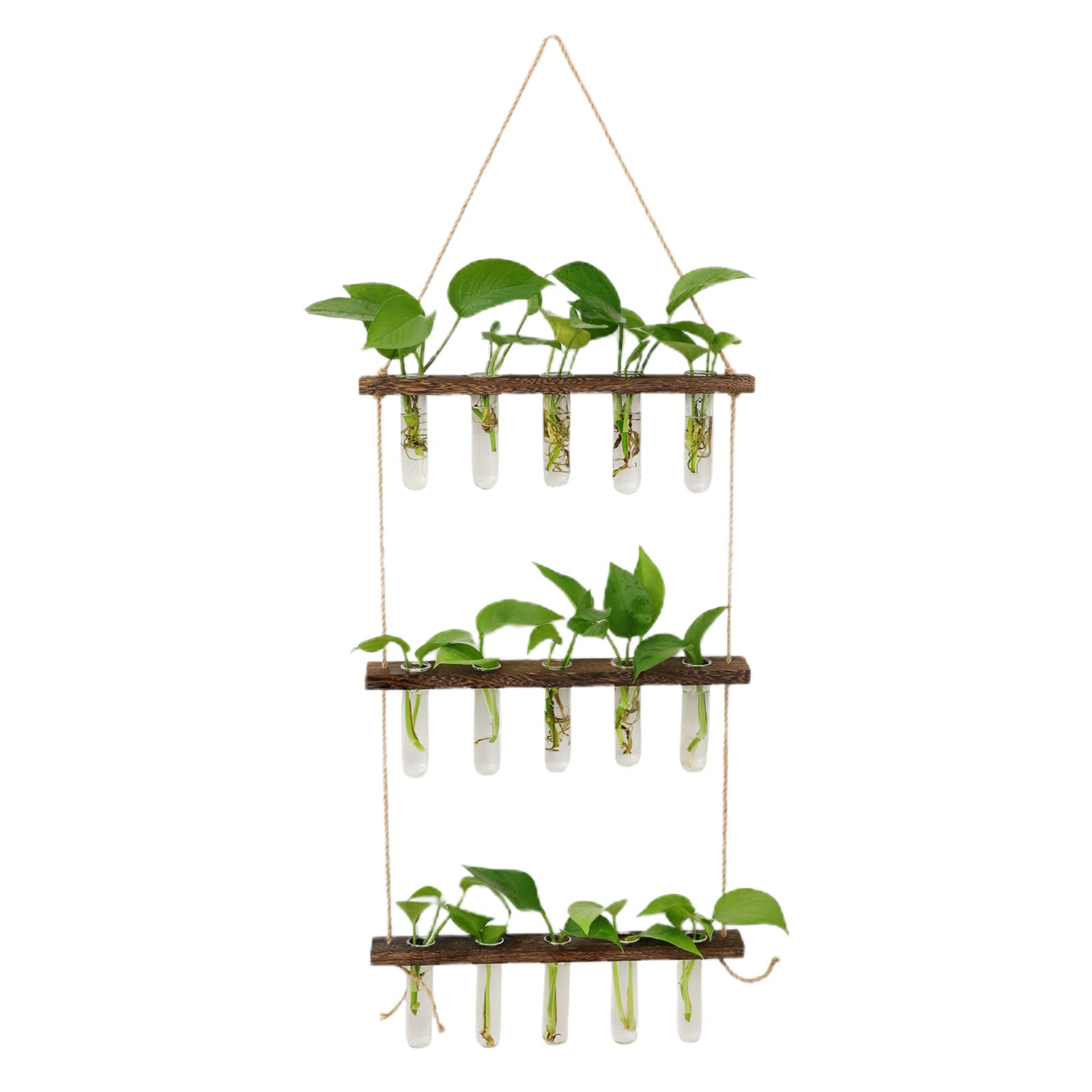 3-Tier Wall Hanging Planter Terrarium with Wooden Stand - Test Tube Vase Air Plant Holder for Hydroponic Plants - Retro Glass Flower Vases for Home, Office & Garden Decor - Perfect for Plant Propagation, Herb Gardens, and Indoor Greenery