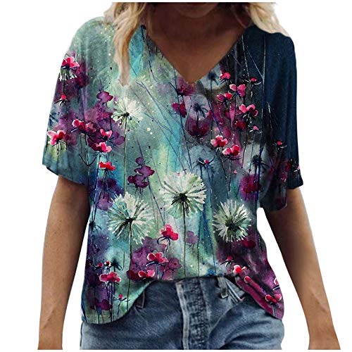 Women's Floral Printed V-Neck T-Shirt - Loose Fit Casual Short Sleeve Summer Top for Women | Beach Outing, Picnic, Date Night Outfit