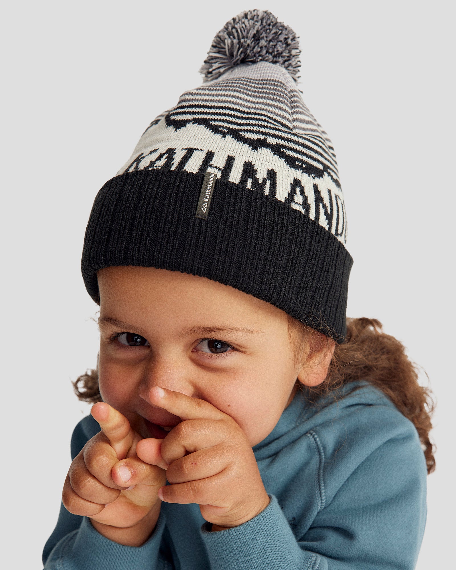 Kids' Mountain Skies Pompom Beanie - Soft Winter Hat for Boys & Girls - Black/White/Grey - Perfect for Snow Play, Skiing & Outdoor Adventures